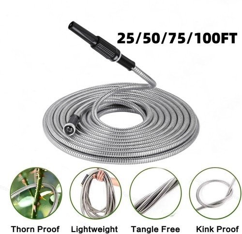 25 50 75 100FT Stainless Steel Metal Water Hose Pipe Flexible Lightweight Garden