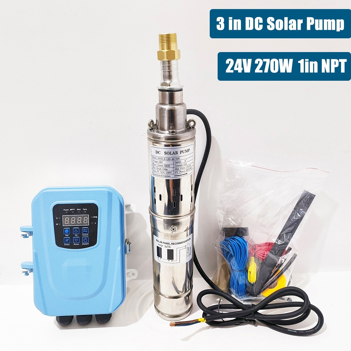 DC 24V 3” 270W Solar Deep Well Pump Bore Water Pump 396GPH + MPPT Controller