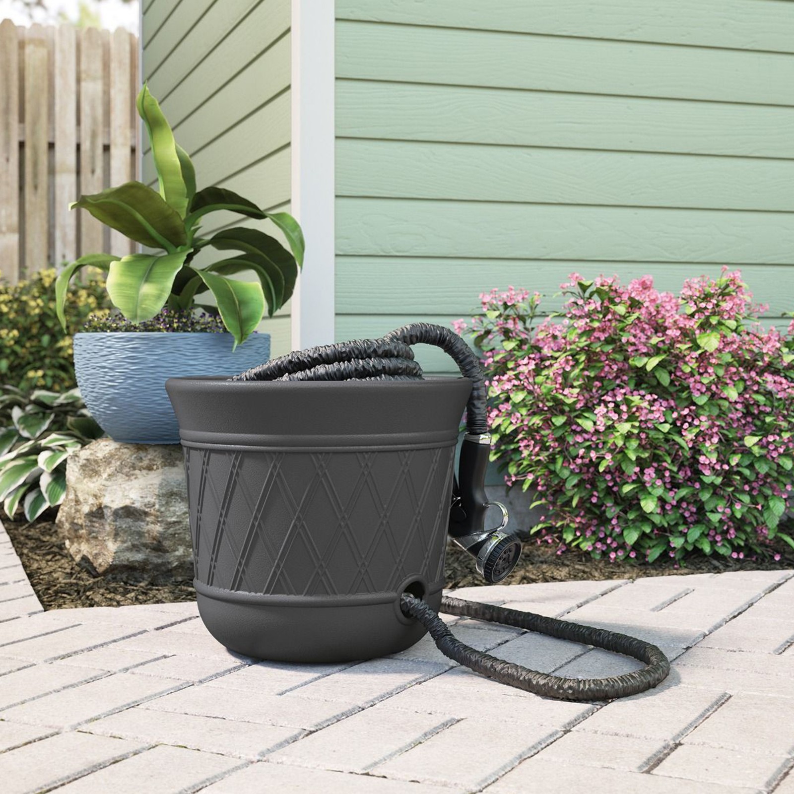 Suncast 14 x 12″ Resin Decorative Hideaway Outdoor Garden Hose Storage Pot, Gray
