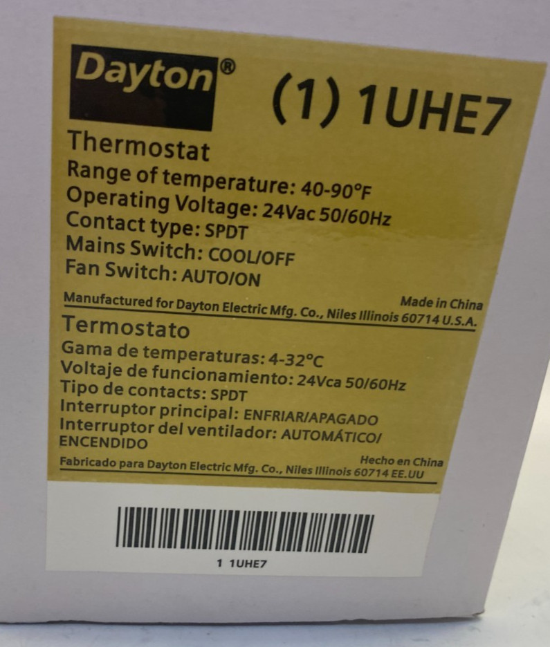 DAYTON Low Voltage Analog Thermostat (Cool Only) – 24VAC – Rectangle – White –