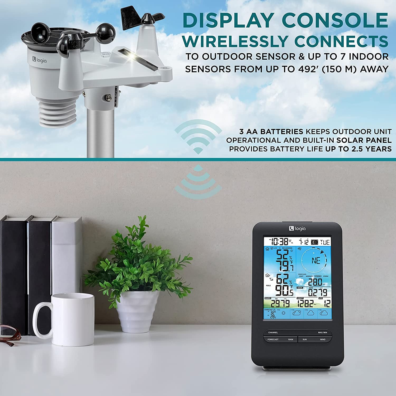 Logia 7-in-1 Wi-fi Weather Station, 4 Day Forecast, Solar Panel & 5.5″ Screen