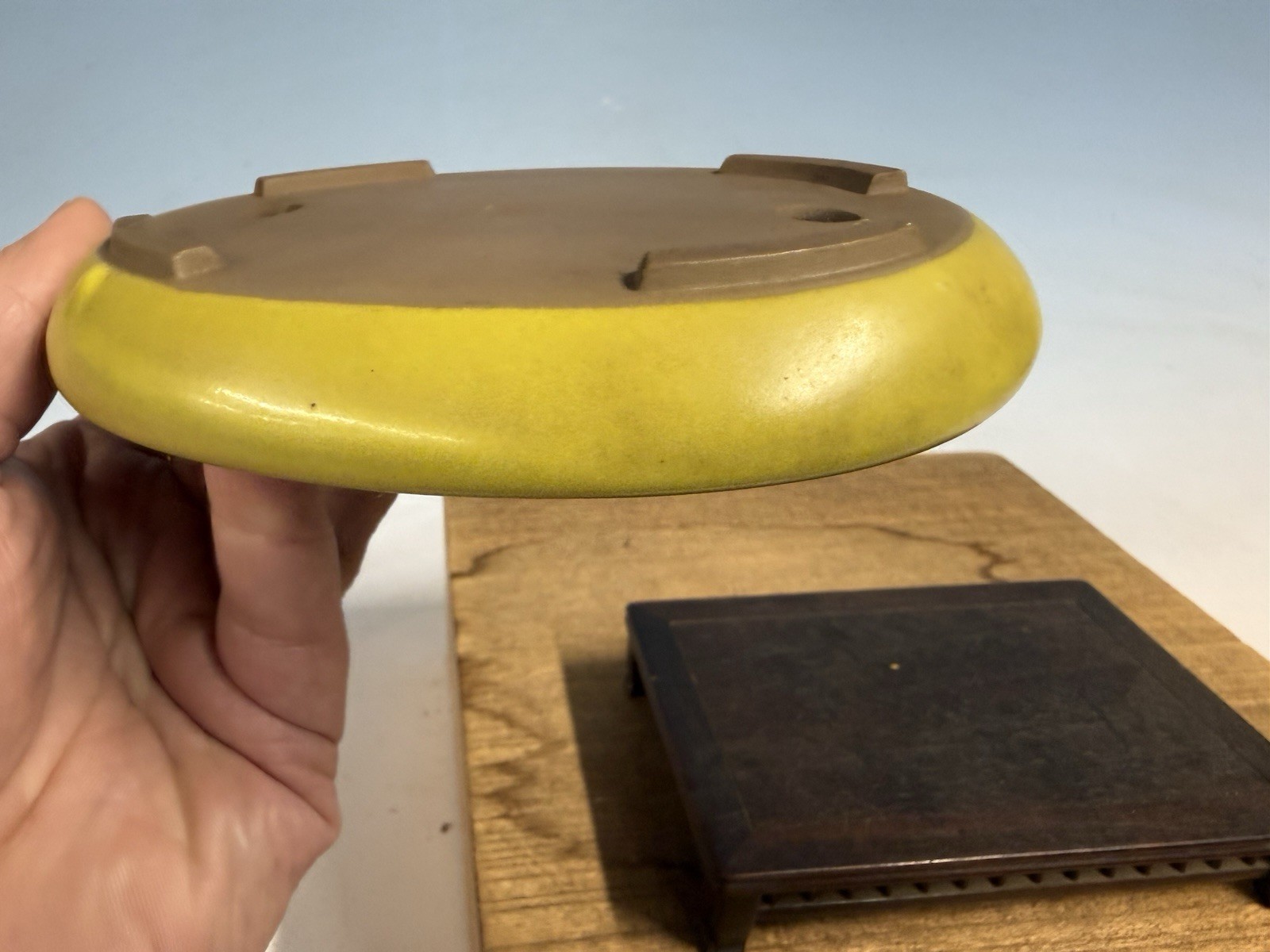 Japanese Unknown Maker Shohin Bonsai Tree Pot 6 1/8” Yellow Glaze