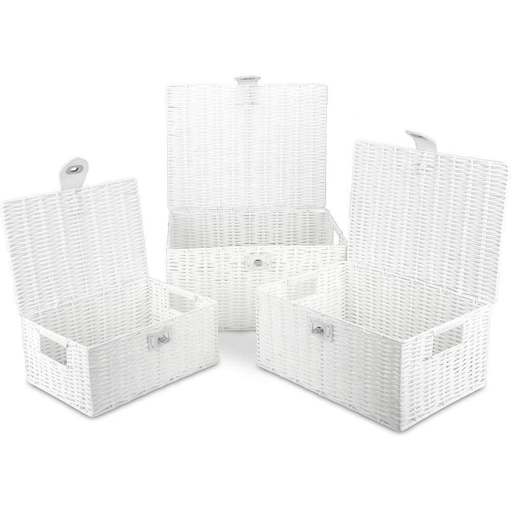 White 14.2 In. X 7.3 In. Polypropylene Decorative Basket Set of 3 with Lid and H