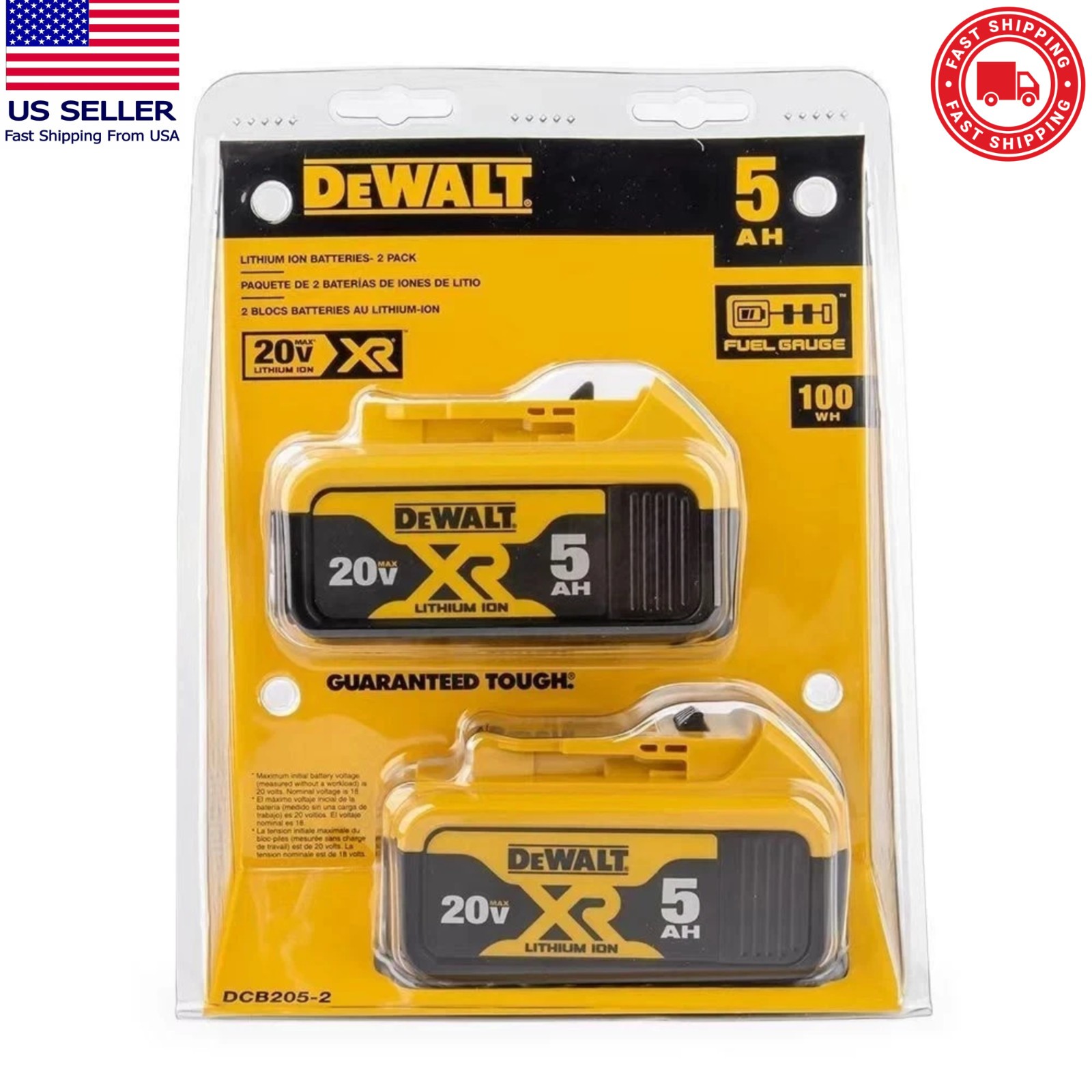 2 Pack DEWALT DCB205-2 20V Max XR 5.0Ah Lithium-Ion Battery New In Pack USA