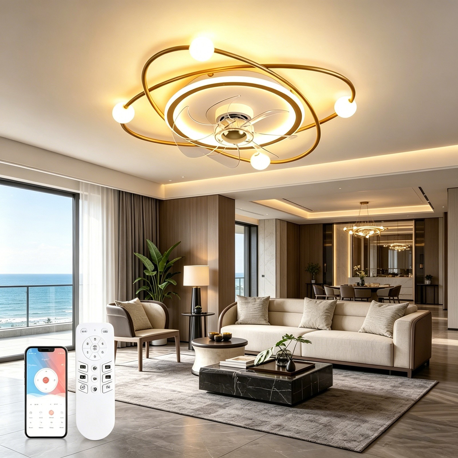 Decorative Gold Ceiling Fan Light Fixture Modern Interior Lighting Home Decor