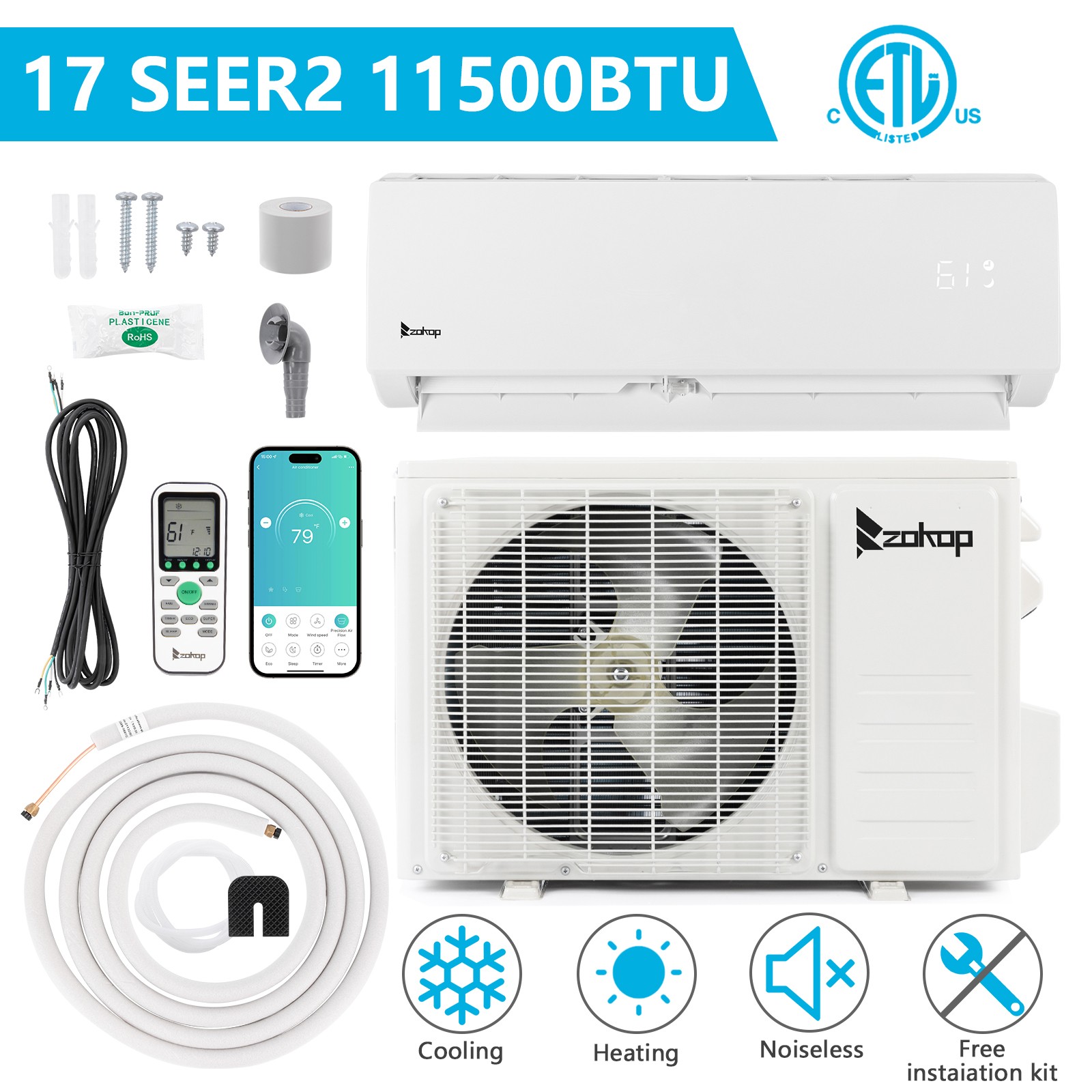 11500 BTU Mini Split Air Conditioner Heat Pump System Wifi Up to 550 Sq. Ft 115V