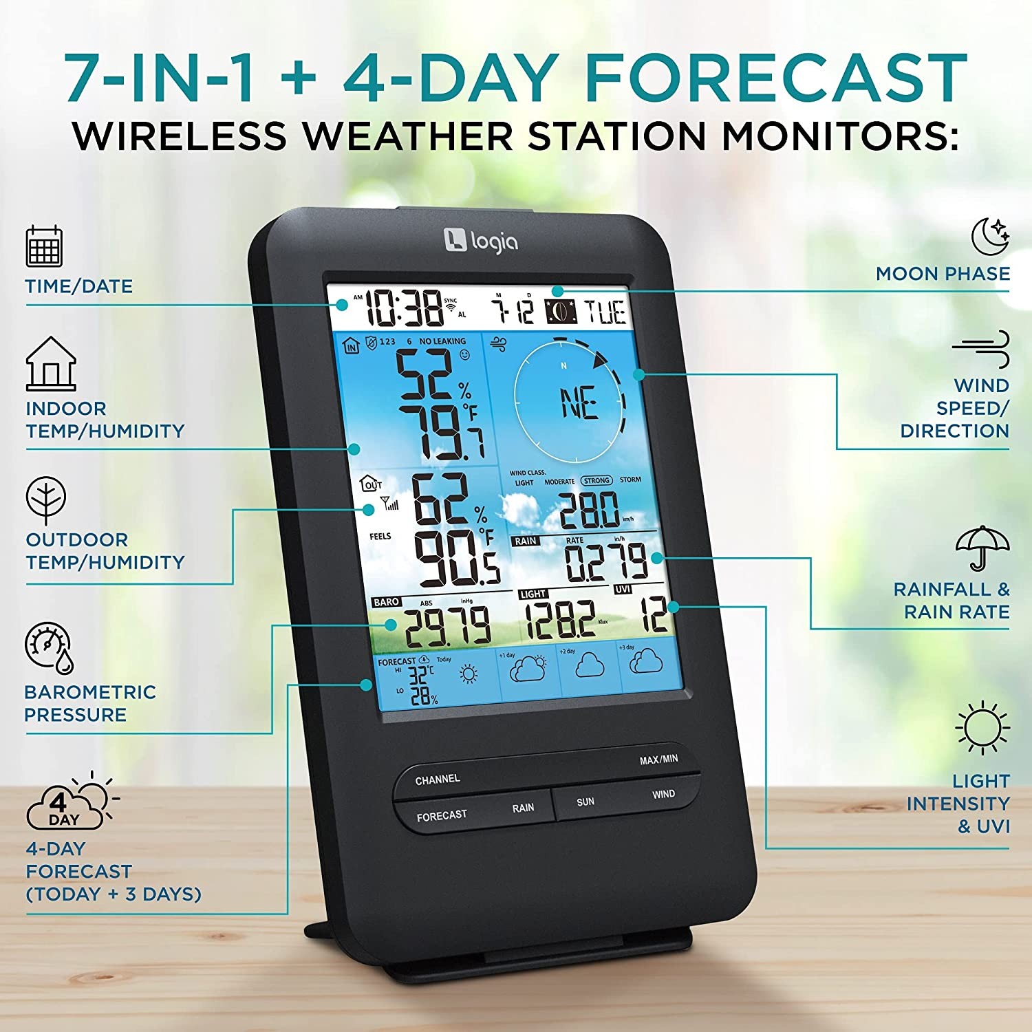 Logia 7-in-1 Wi-fi Weather Station, 4 Day Forecast, Solar Panel & 5.5″ Screen