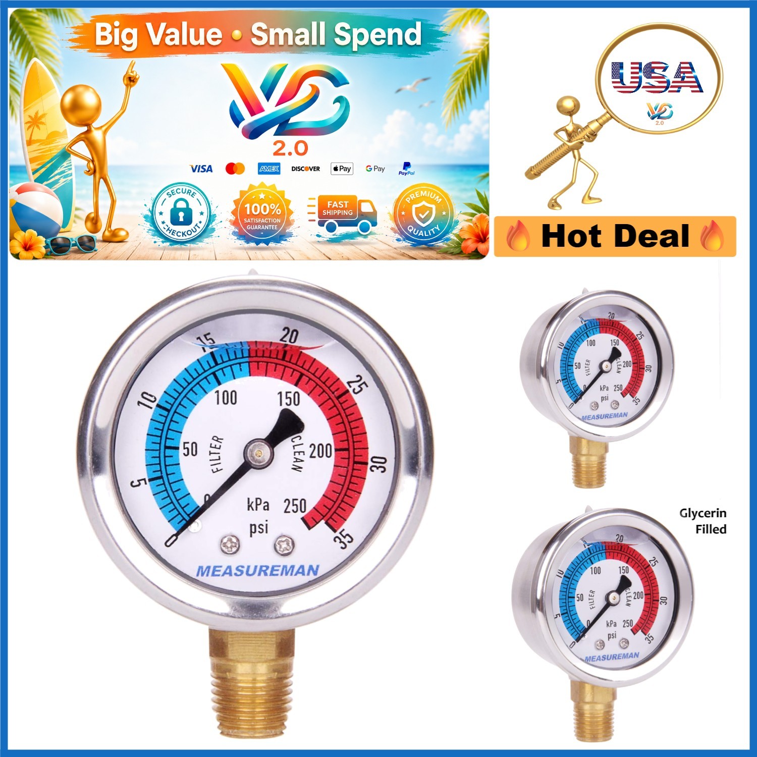 Stainless Steel Pool Filter Pressure Gauge 2″ Dial 0-35psi NPT Mount
