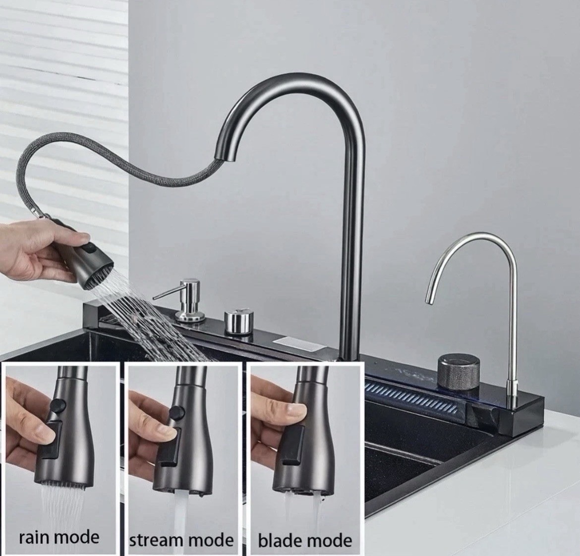 30 x 18” Waterfall Kitchen Sink Flying Rain Pull-Out Faucet w/ Cup Washer