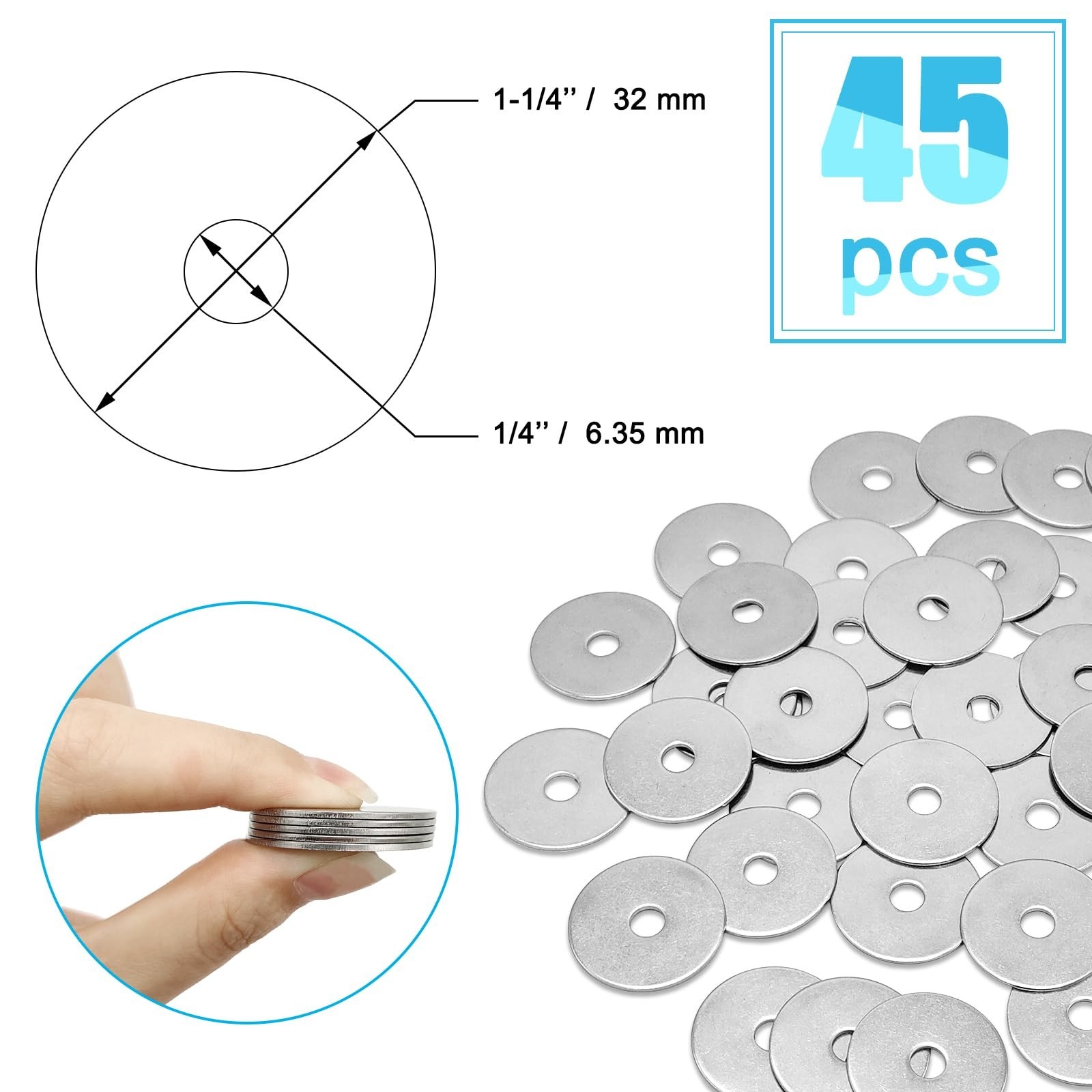 1/4″ x 1-1/4″ OD Stainless Fender Flat Washer,304 Stainless Steel,45 Pieces
