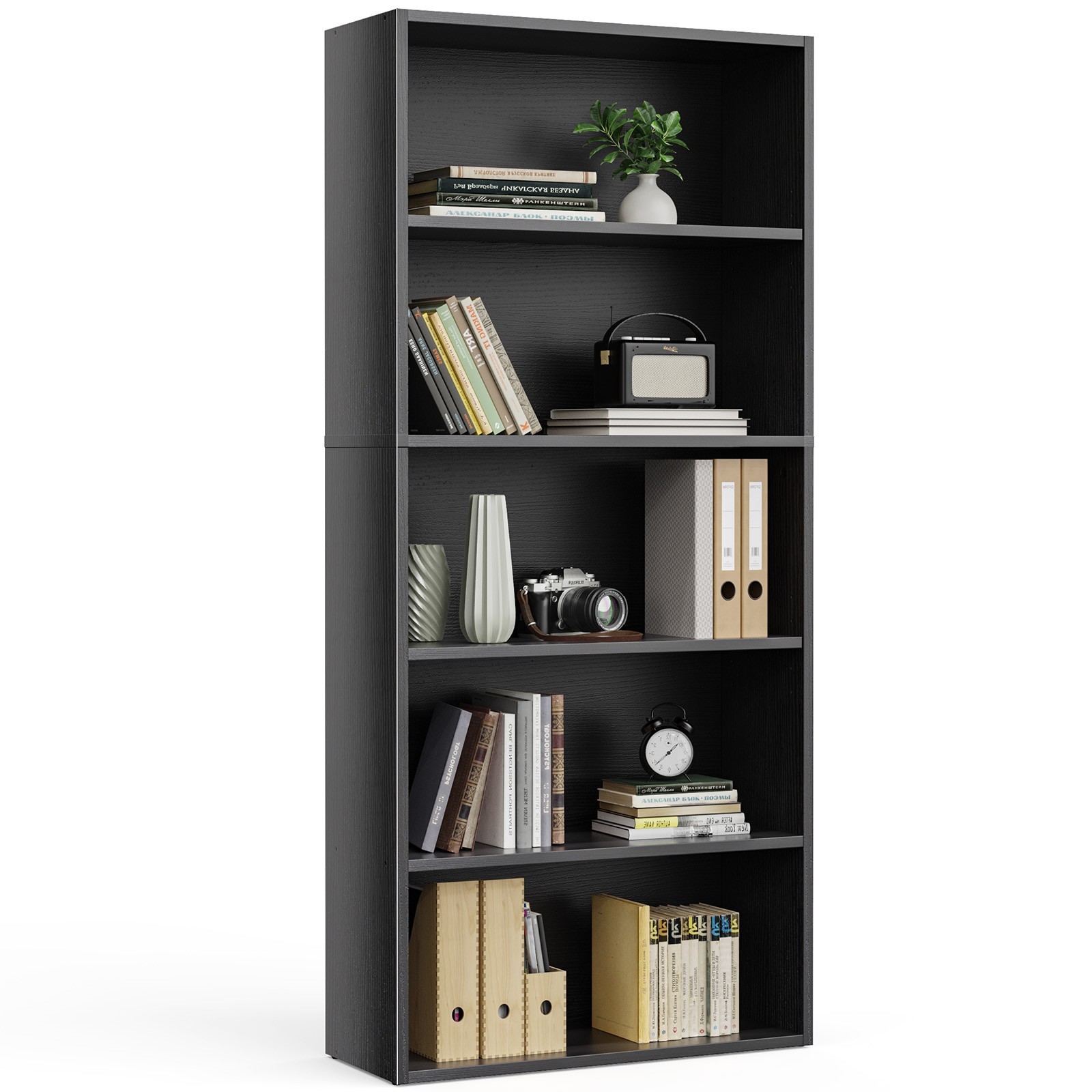 Bookshelf 5 Tier Storage Shelf Adjustable Bookcase Open Wood Magazine Organizer