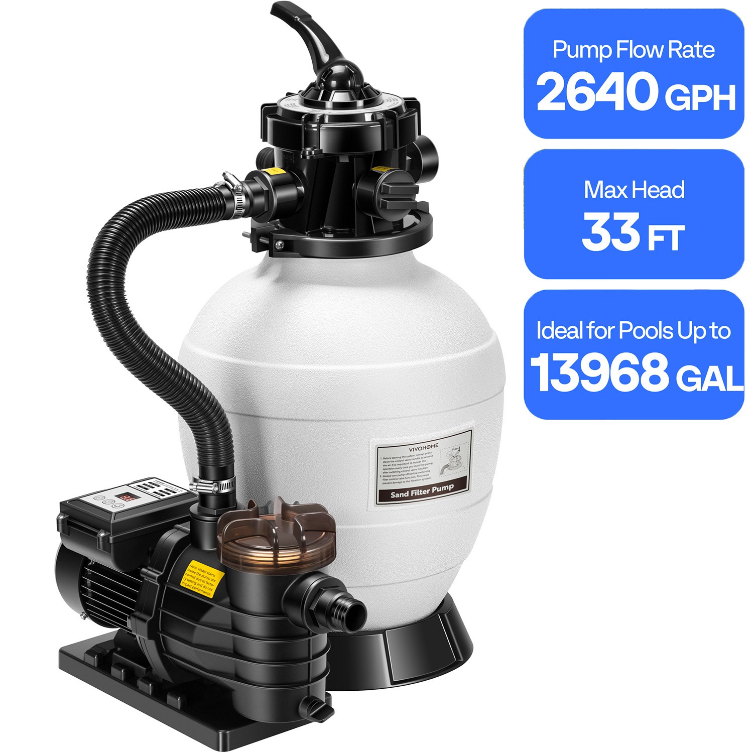 12/13in Sand Filter Pump In/Above Ground Pool System 7-Way w/ Timer 2087/2640GPH
