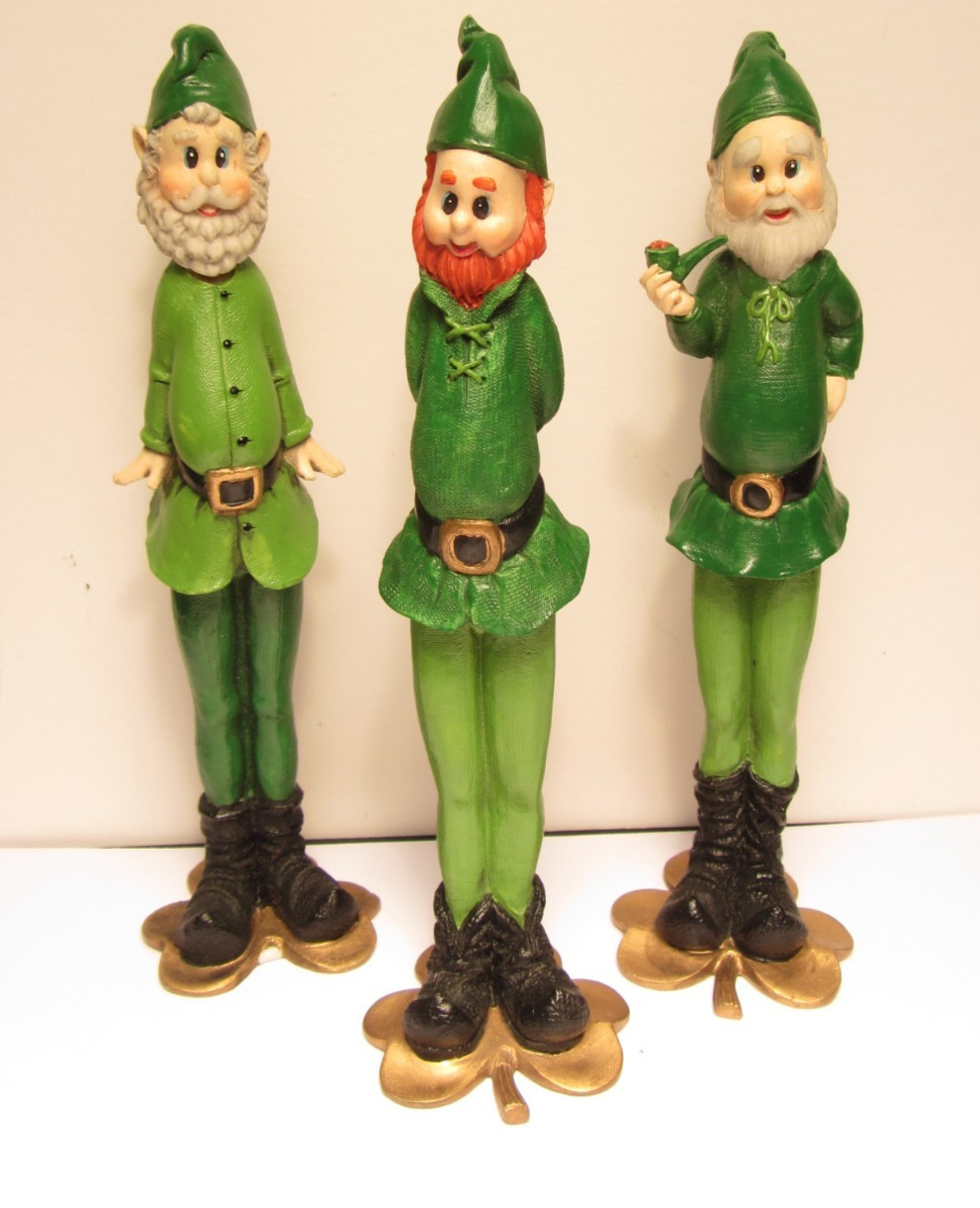 3 Enesco – 6″ TALL FIGURINES Leprechauns Slender Green Elves Gold Shamrock Base