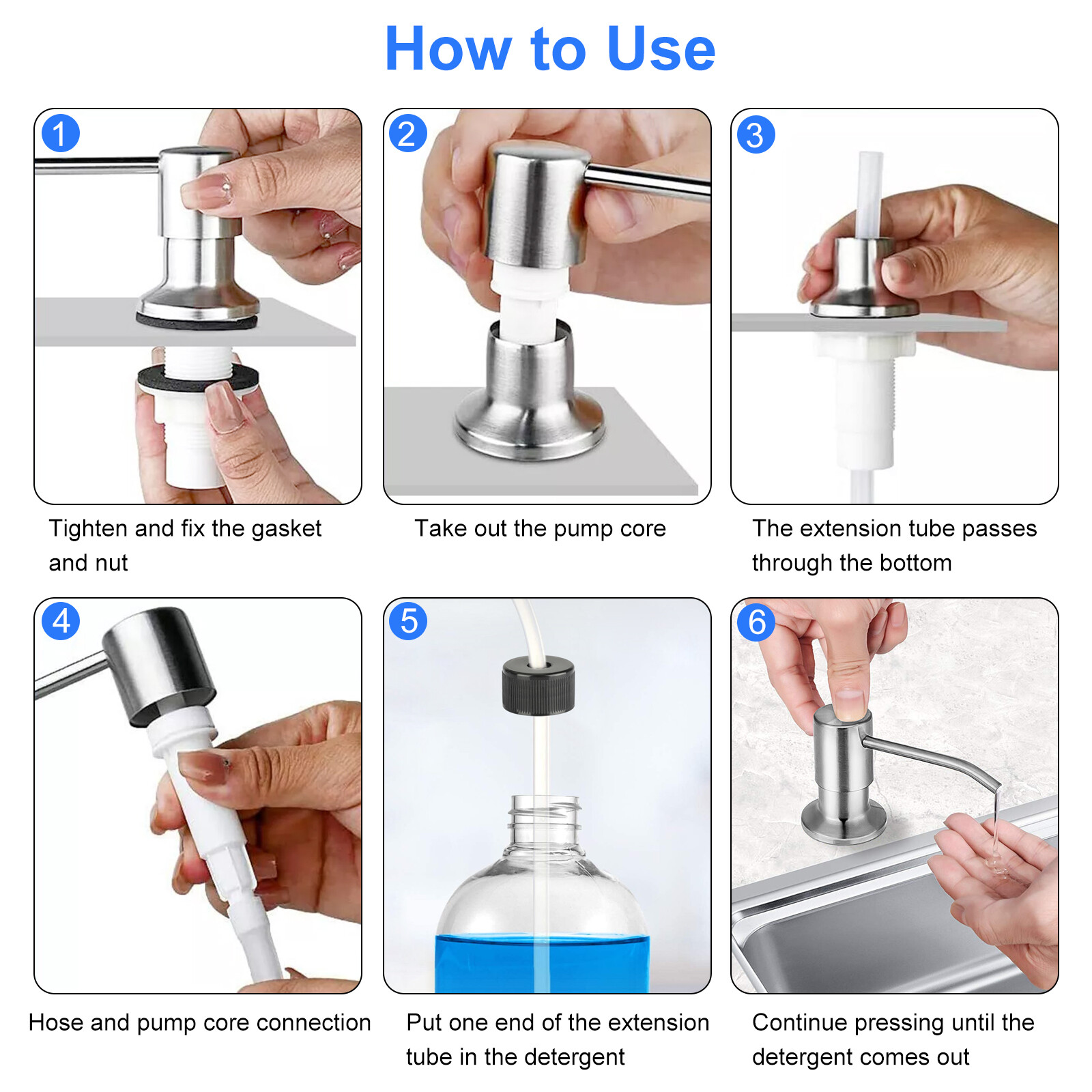 360° Sink Soap Dispenser Stainless Steel Kitchen Hands Liquid Pump Bottle Tube