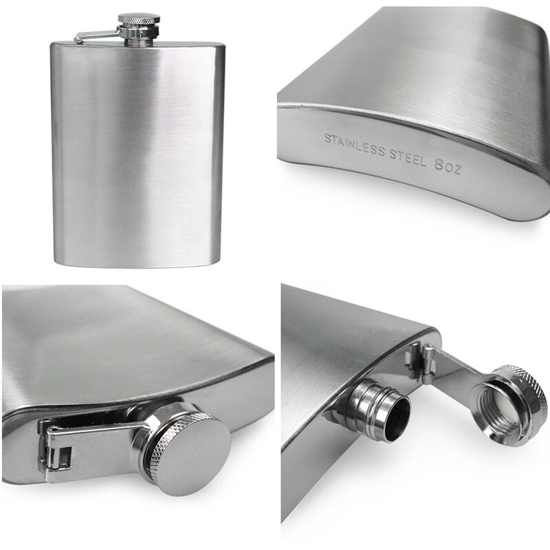 8oz Alcohol Pocket Flask w/ Portable Funnel Cups Stainless Steel Whiskey Bottle