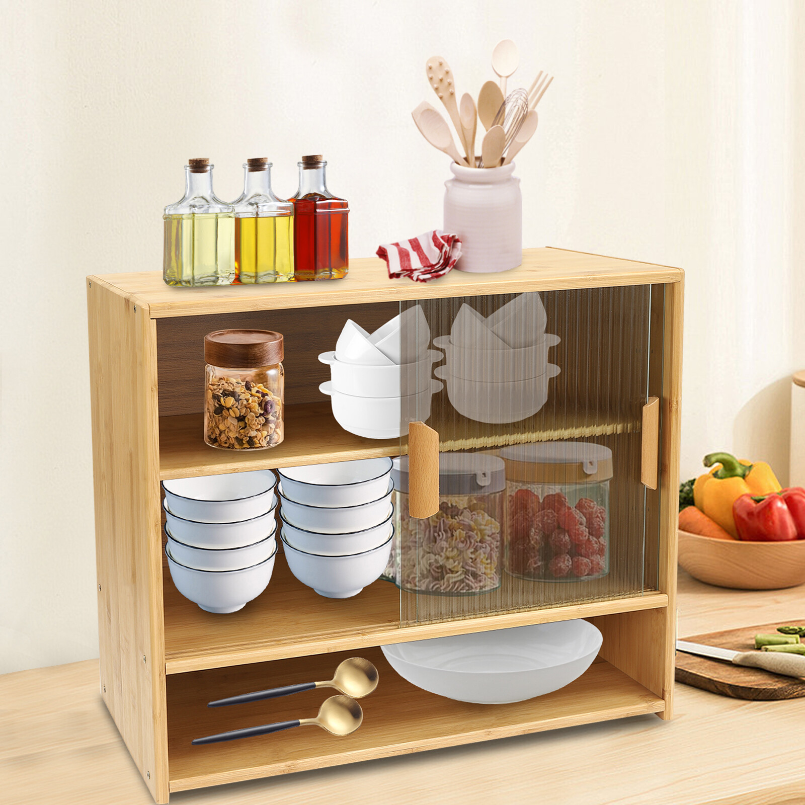 Small Bamboo Kitchen Pantry Sideboard Freestanding Countertop Storage Cabinet US