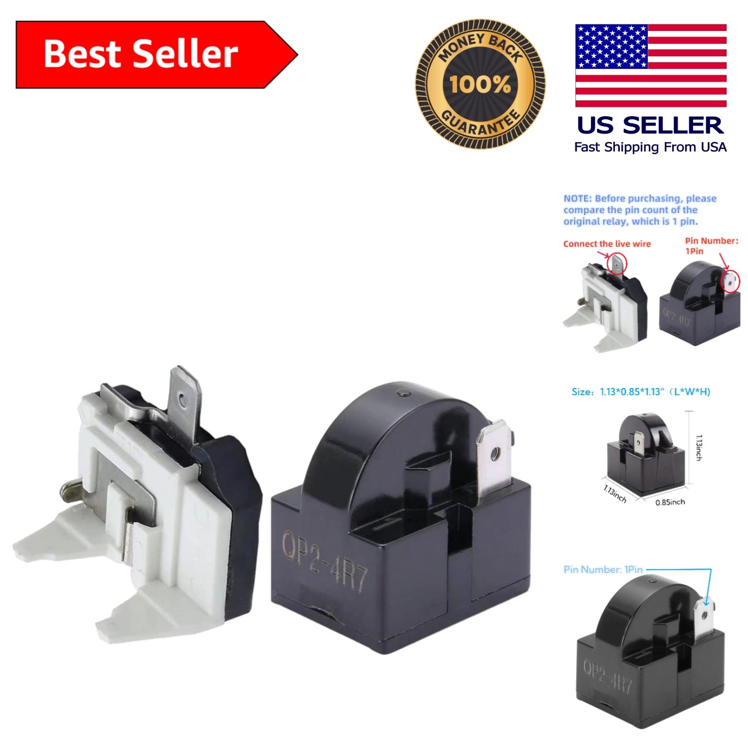 Reliable 1Pin 4.7 Ohm Refrigerator Relay and Overload Protector Kit – 12 Amps