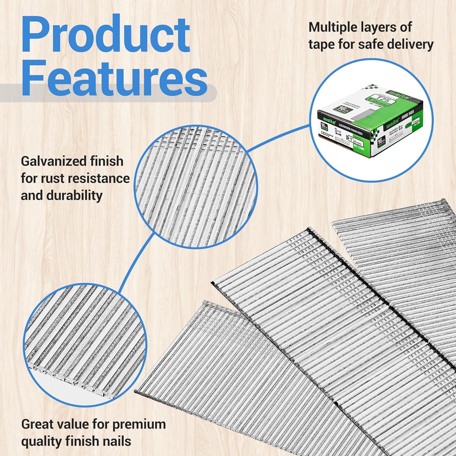 meite 16 Gauge 1-Inch Galvanized Straight Finish Nail Brad Nails