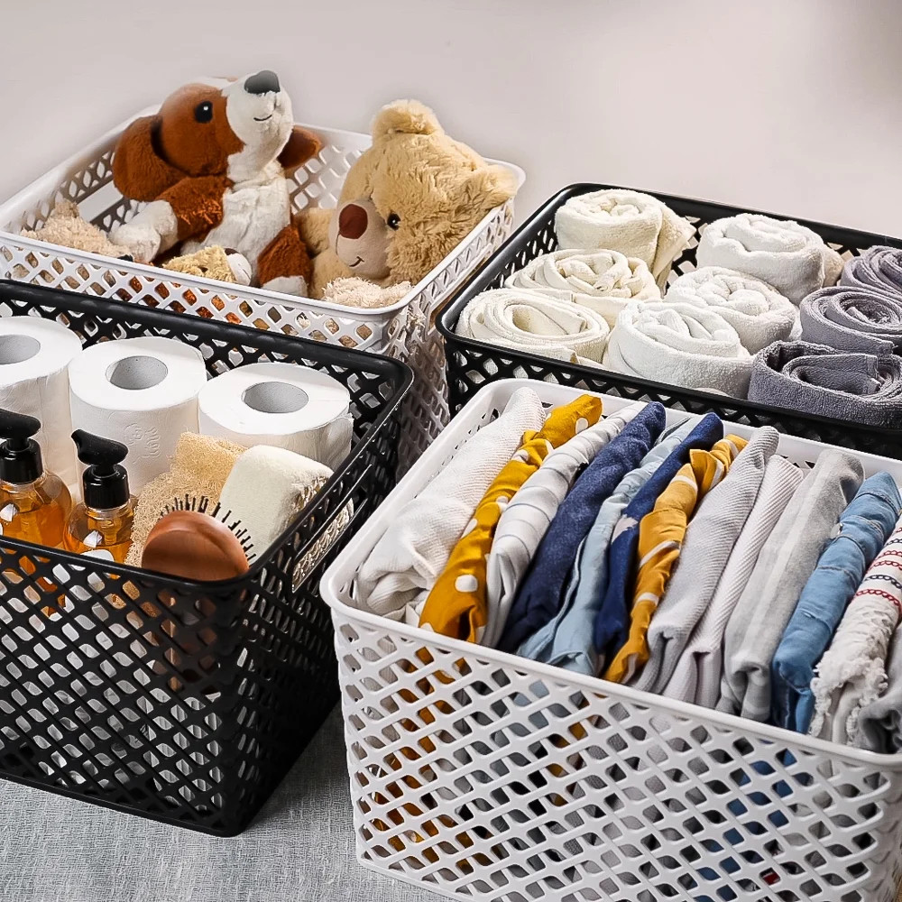 Large White Decorative Plastic Storage Basket, 14.7 in x 12 in x 8.5 in