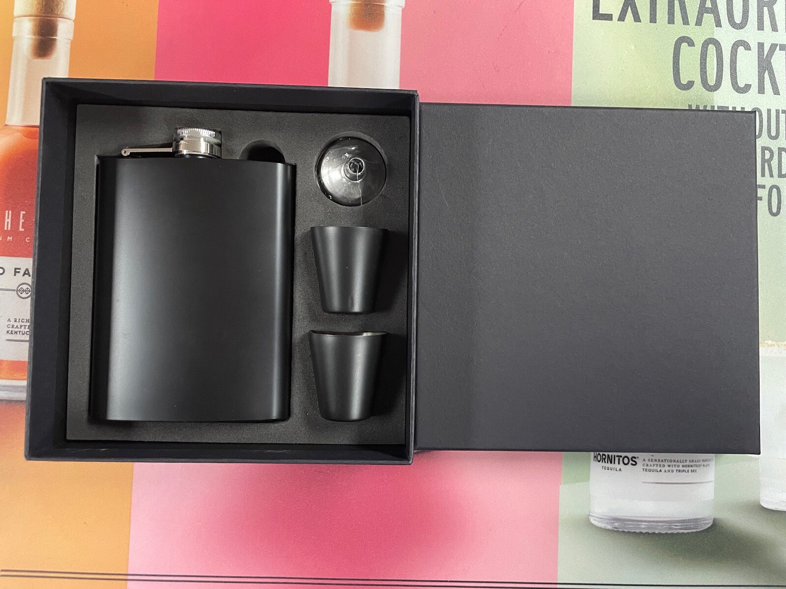 Black Hip Flask Set with 2 Shot Glasses Funnel and Gift Box Stainless Steel