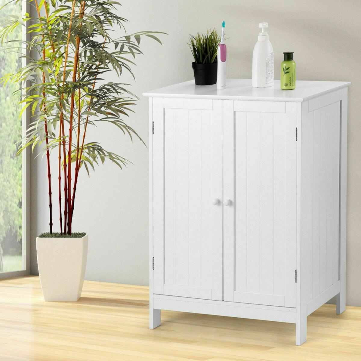 Wooden Cabinet 3 Shelves Double Door Bathroom Storage Floor Organizer white