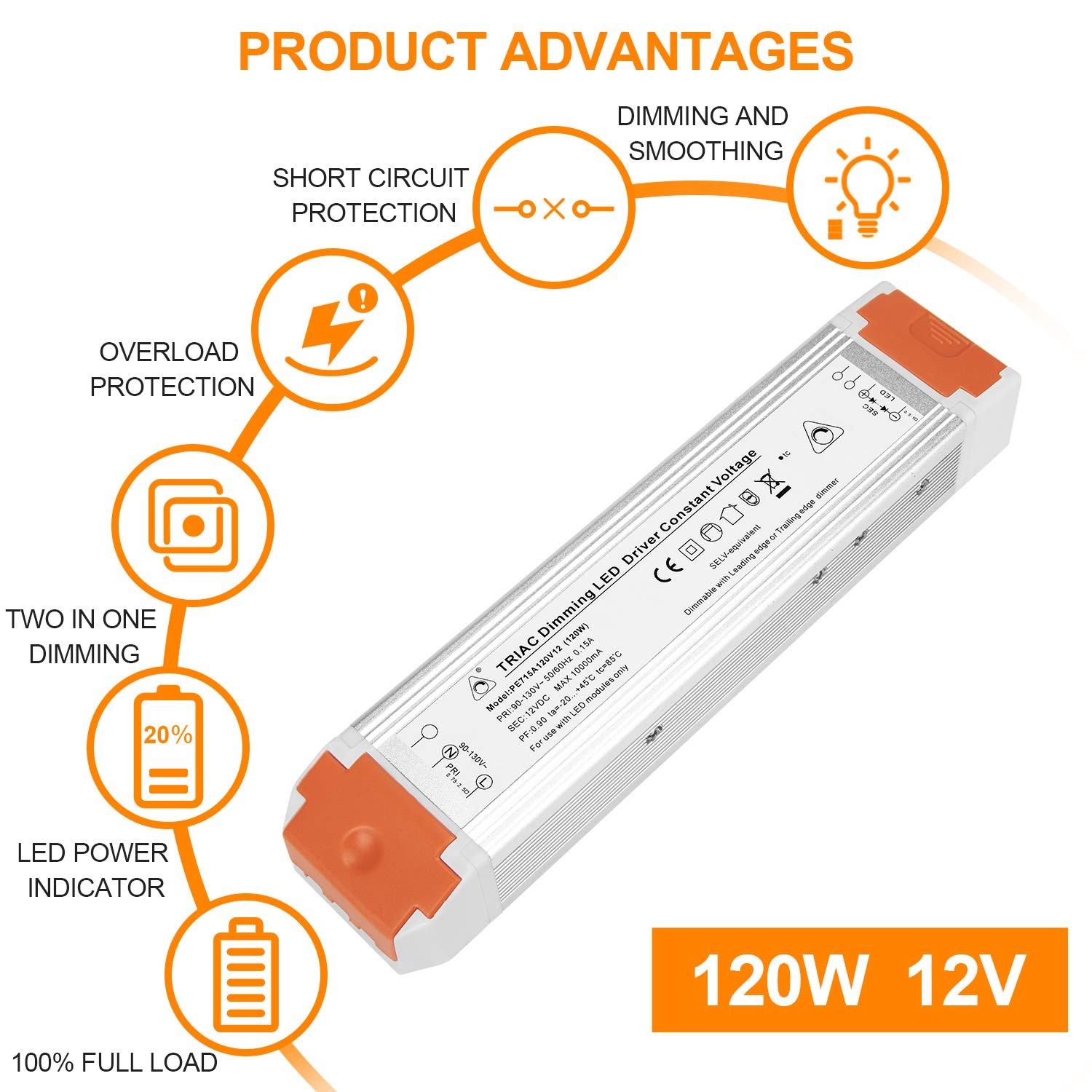 120W 10A Dimmable LED Power Supply 110V to 12V Transformer Driver 120W-DIM-12V
