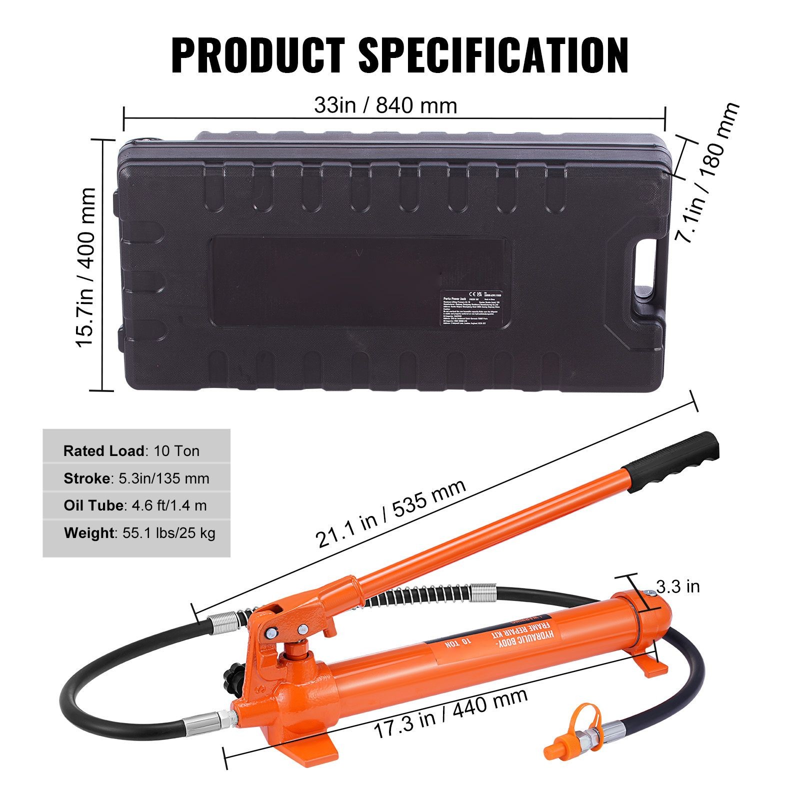 10 Ton Hydraulic For RAM Kit with Pump, 4.6ft Hose, Storage Case