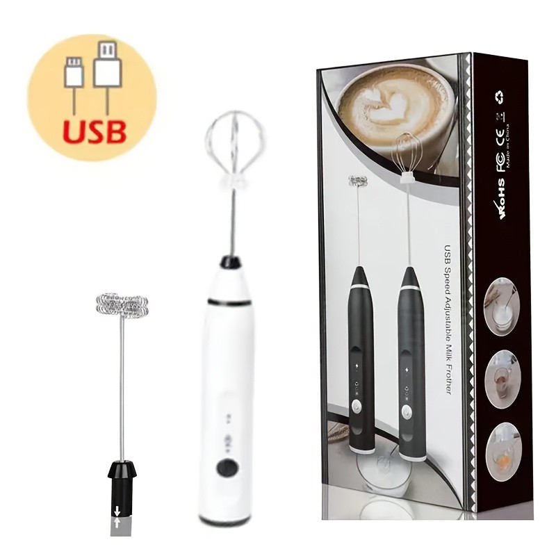 Electric Milk Frother Double Whisk Handheld Coffee Foam Mixer USB Rechargeable