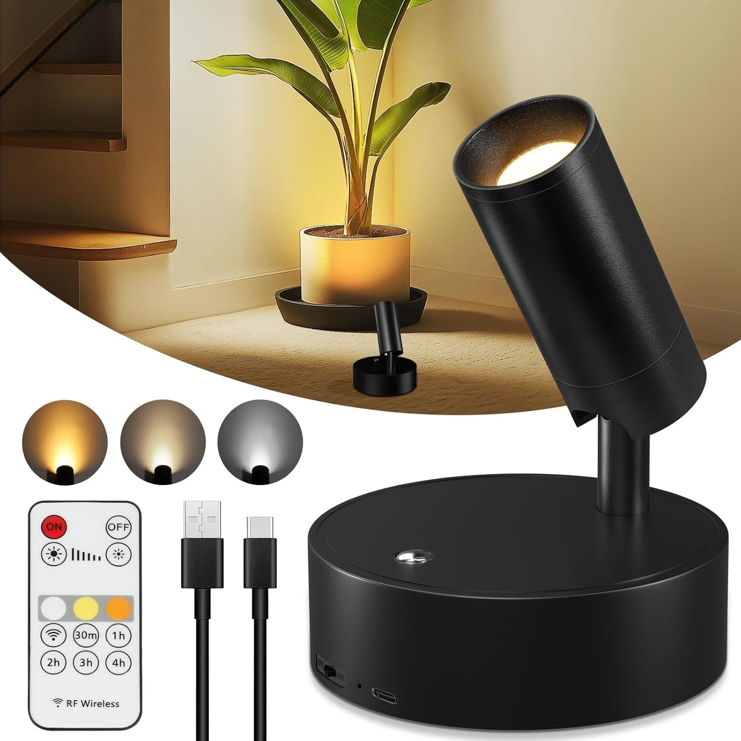 Rechargeable Remote Spot Lights with Timer Dimmable Battery Operated Uplighting