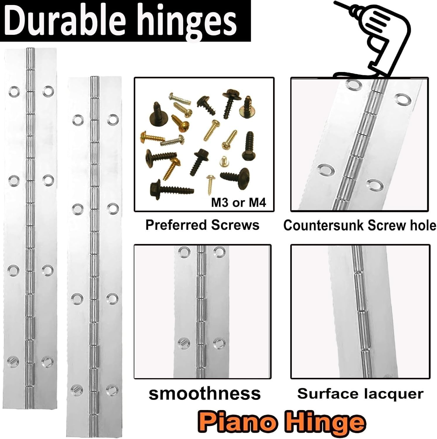 Polished Stainless Steel Piano Hinges – 12 Inch, 4 Pack for Easy Installation