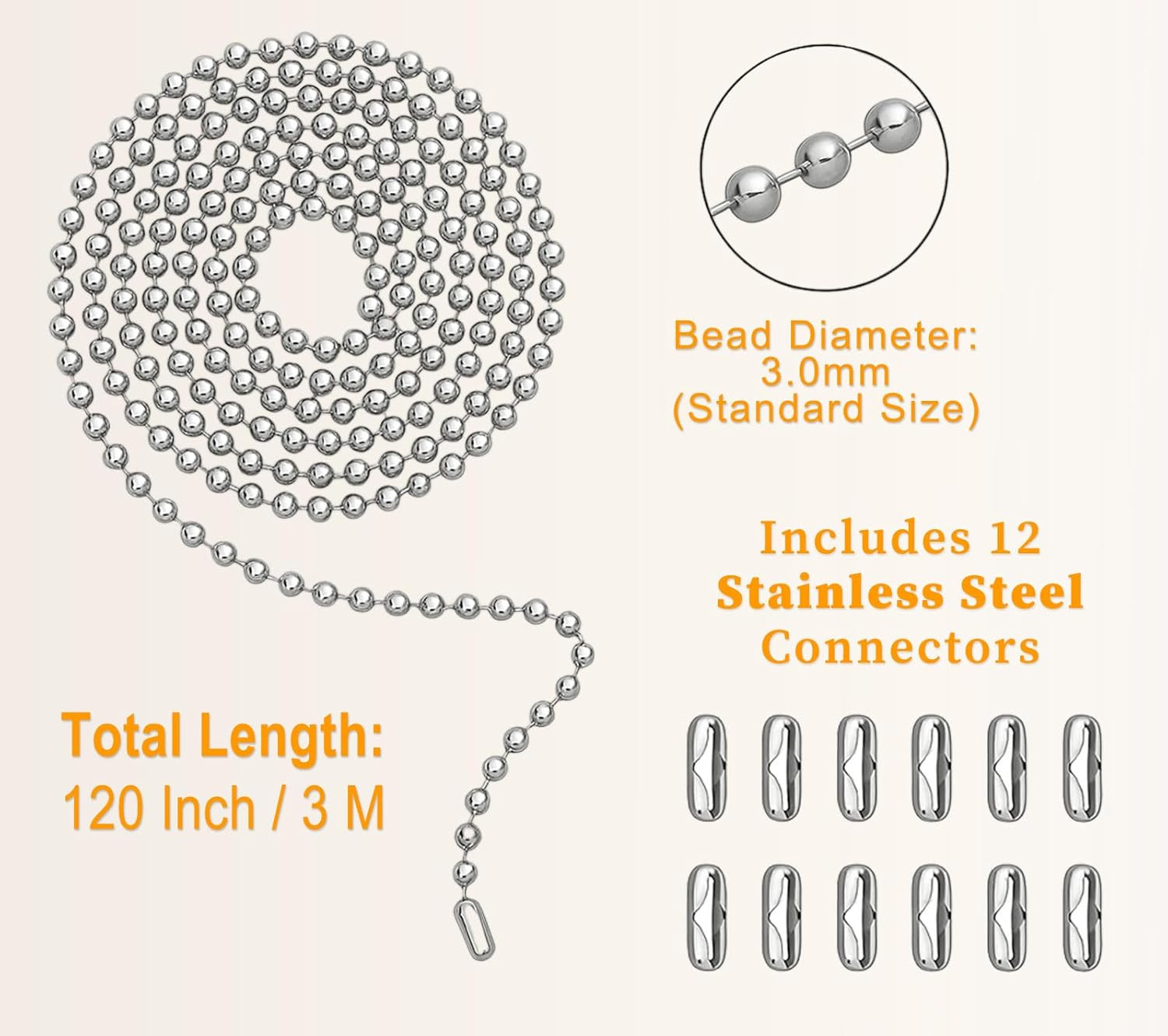 120in Stainless Steel Pull Chain Extender 3mm Ball Chain 12 Connectors Fan Light