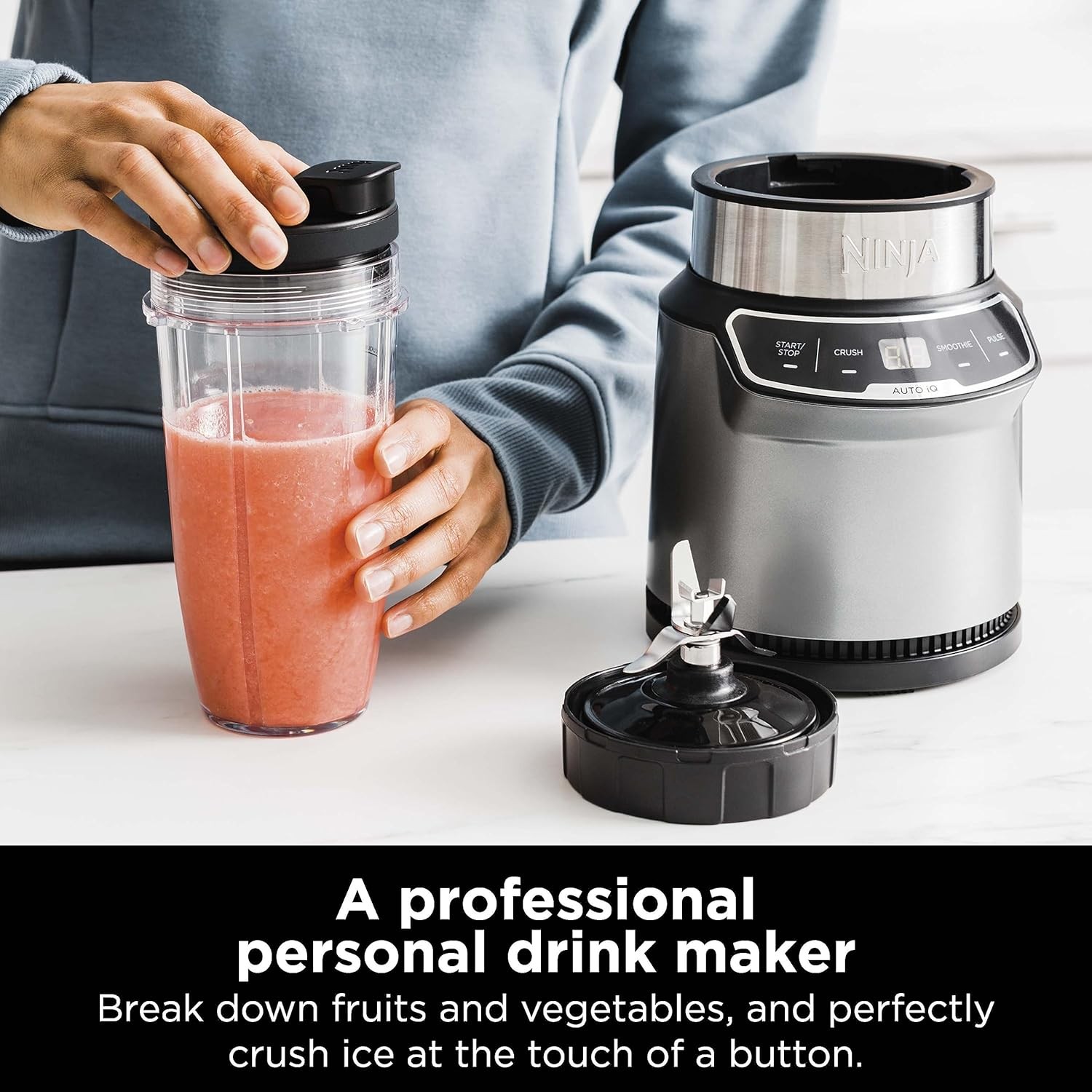 Ninja BN401 Nutri Blender Pro with Auto-iQ, 1100W Motor, (2) 24oz Single Cups
