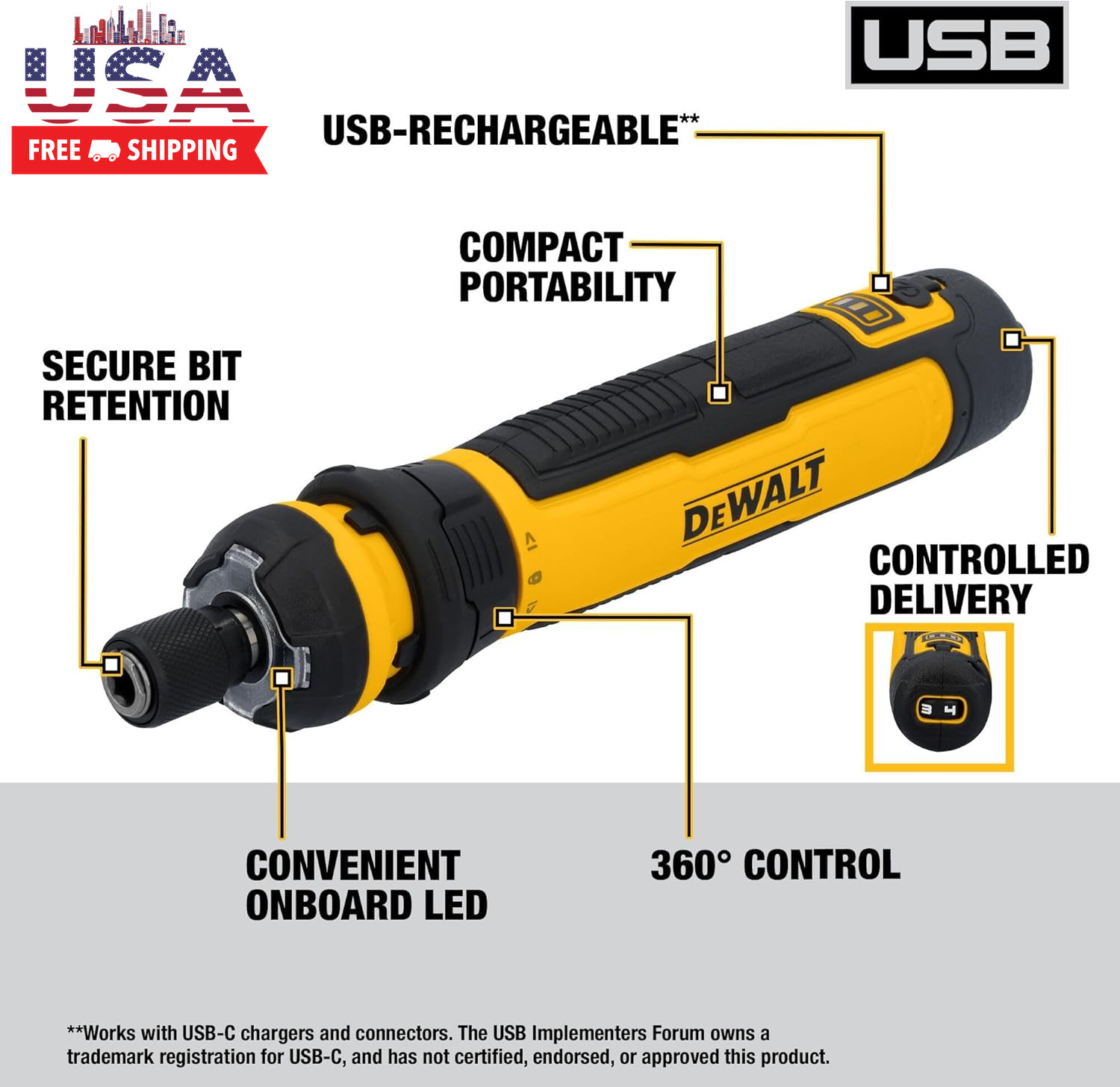 DEWALT Cordless Screwdriver, 4V USB Rechargeable Electric Screwdriver with 12 Pc