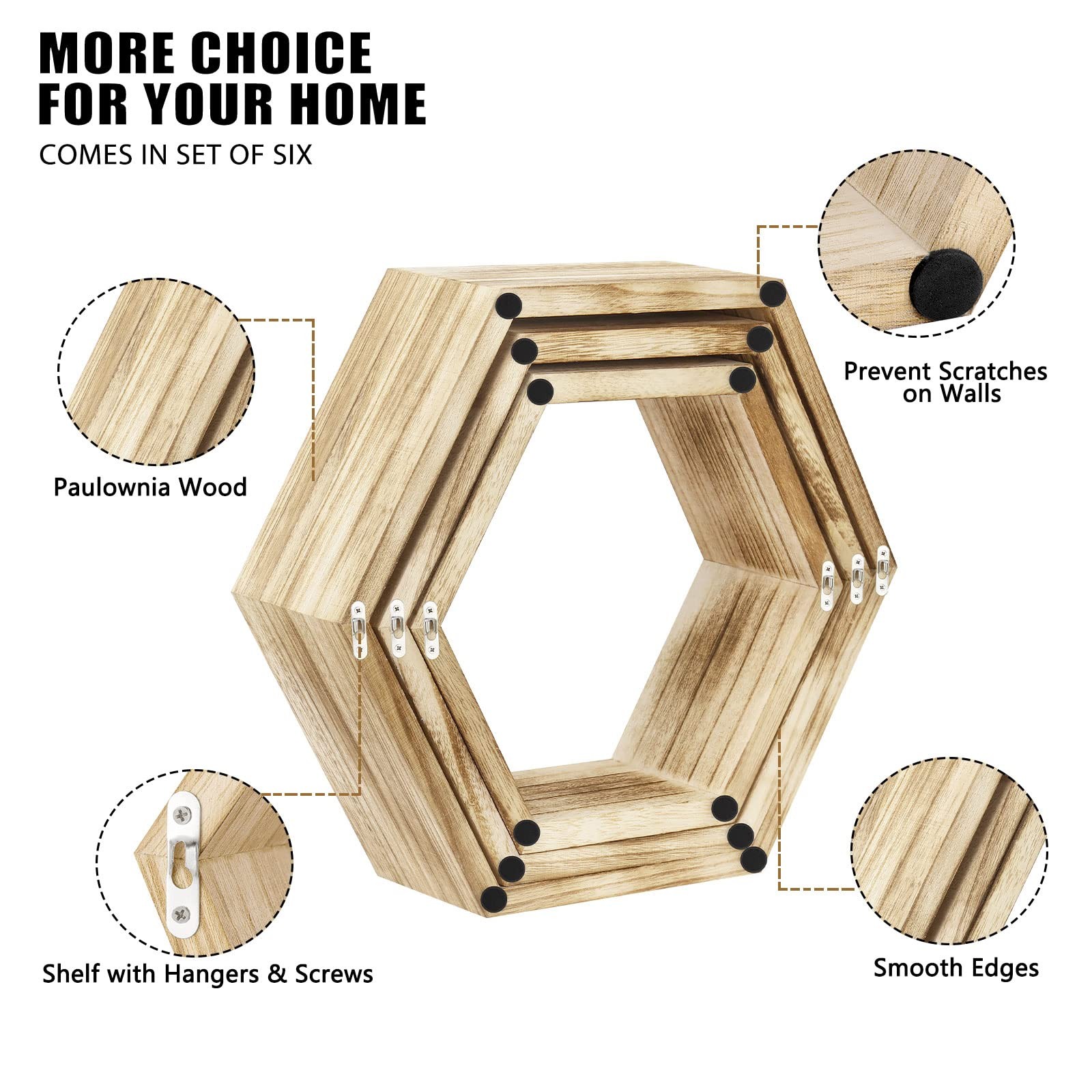 NOVIMANGO Hexagonal Floating 3.12D x 12.8W x 14.8H in, 6 Pack Wood Color