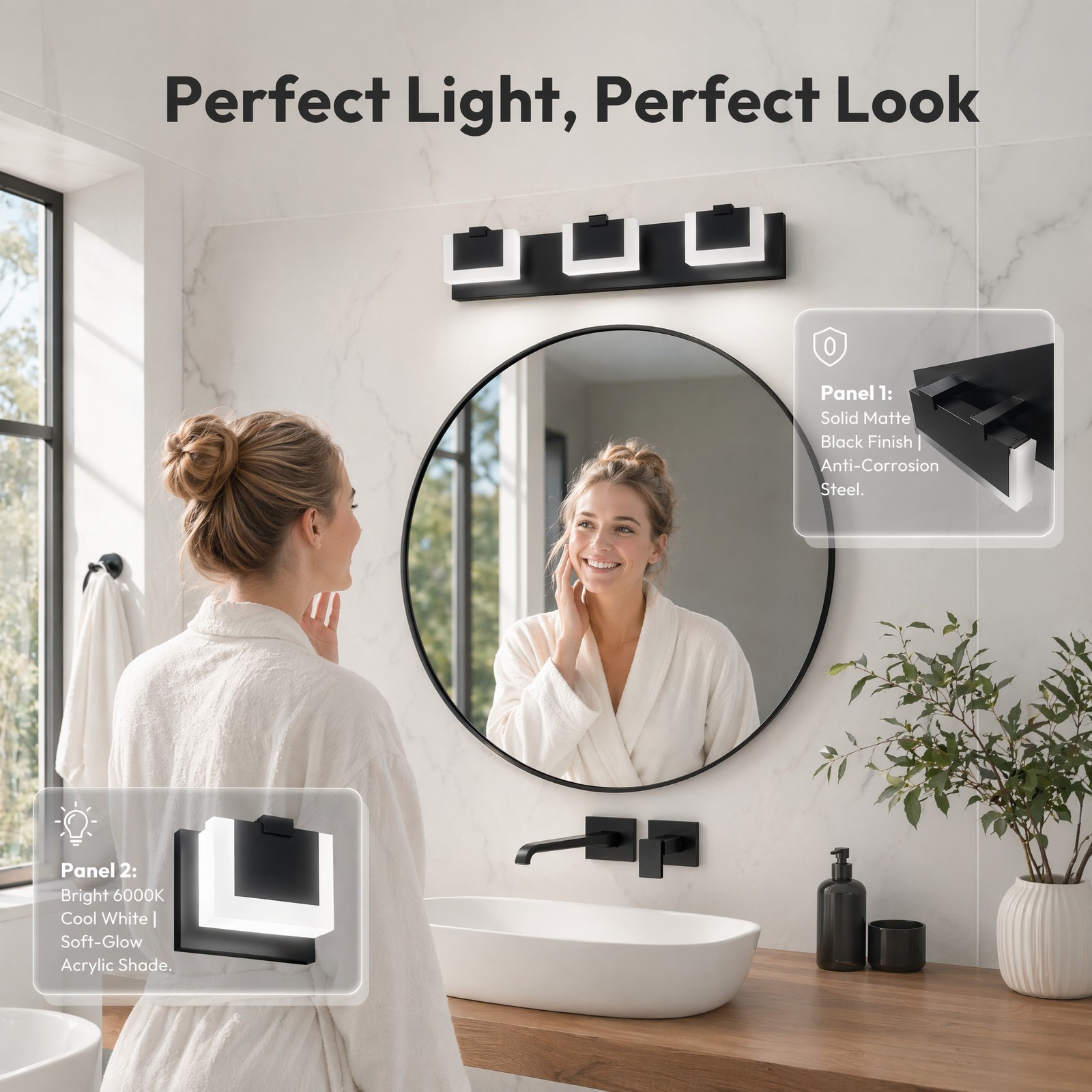 22 in Bathroom Black Dimmable LED Vanity 3 Light Over Mirror Wall Sconce Fixture