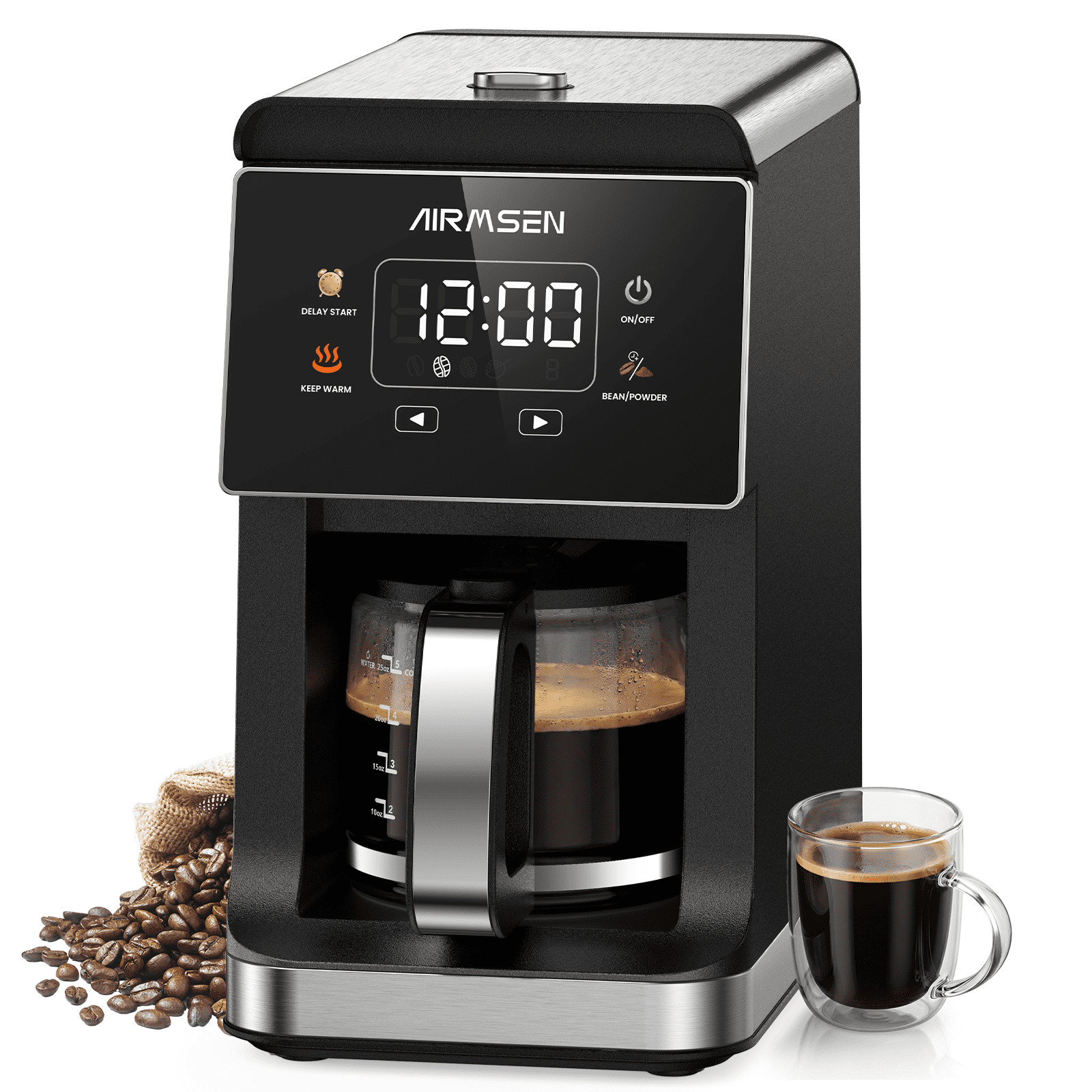 AIRMSEN 2 in 1 Drip Coffee Maker with Built-In Grinder, 3 Grind Settings,
