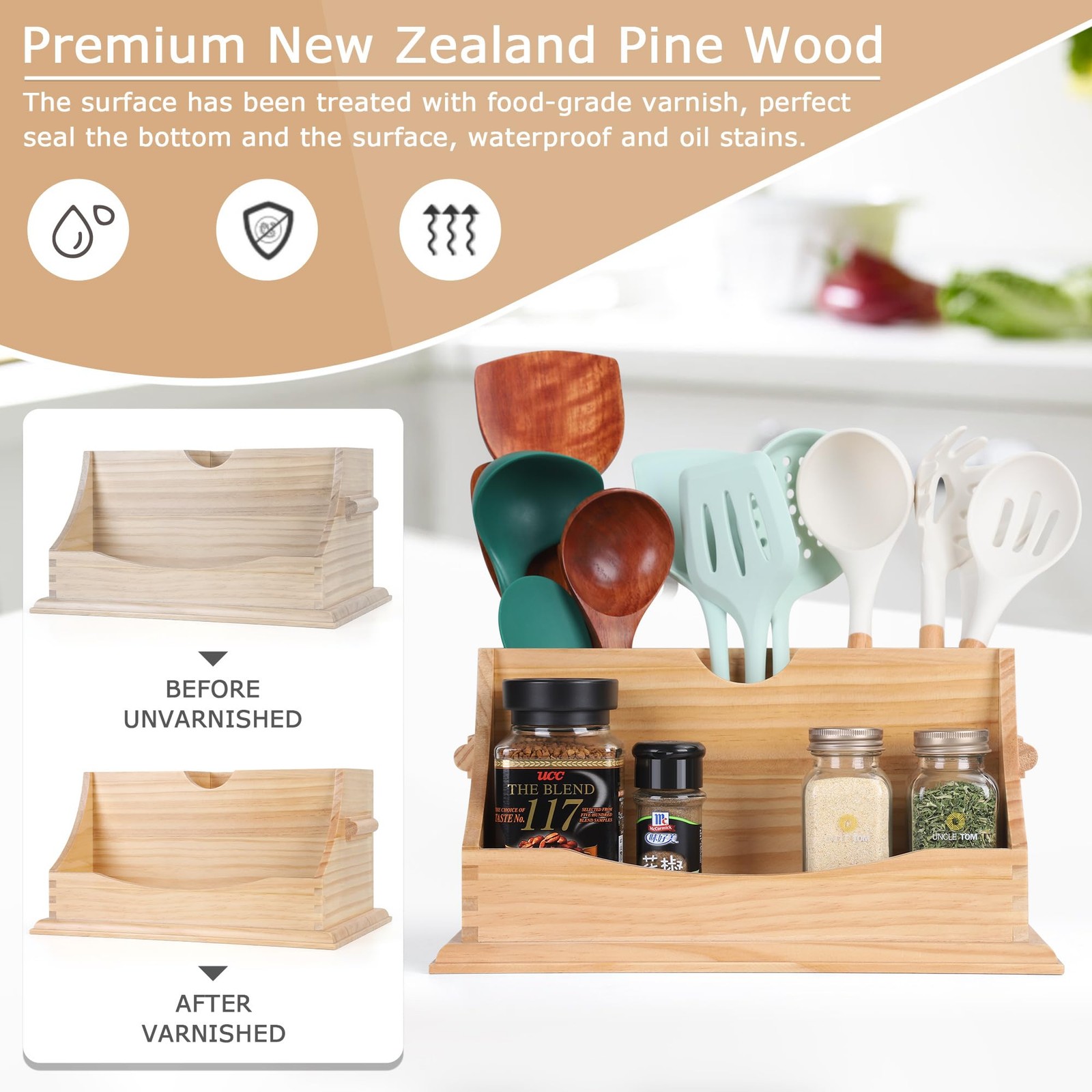 Kitchen Utensil Holder for Countertop with 4 Compartments, Natural Color(Uten…