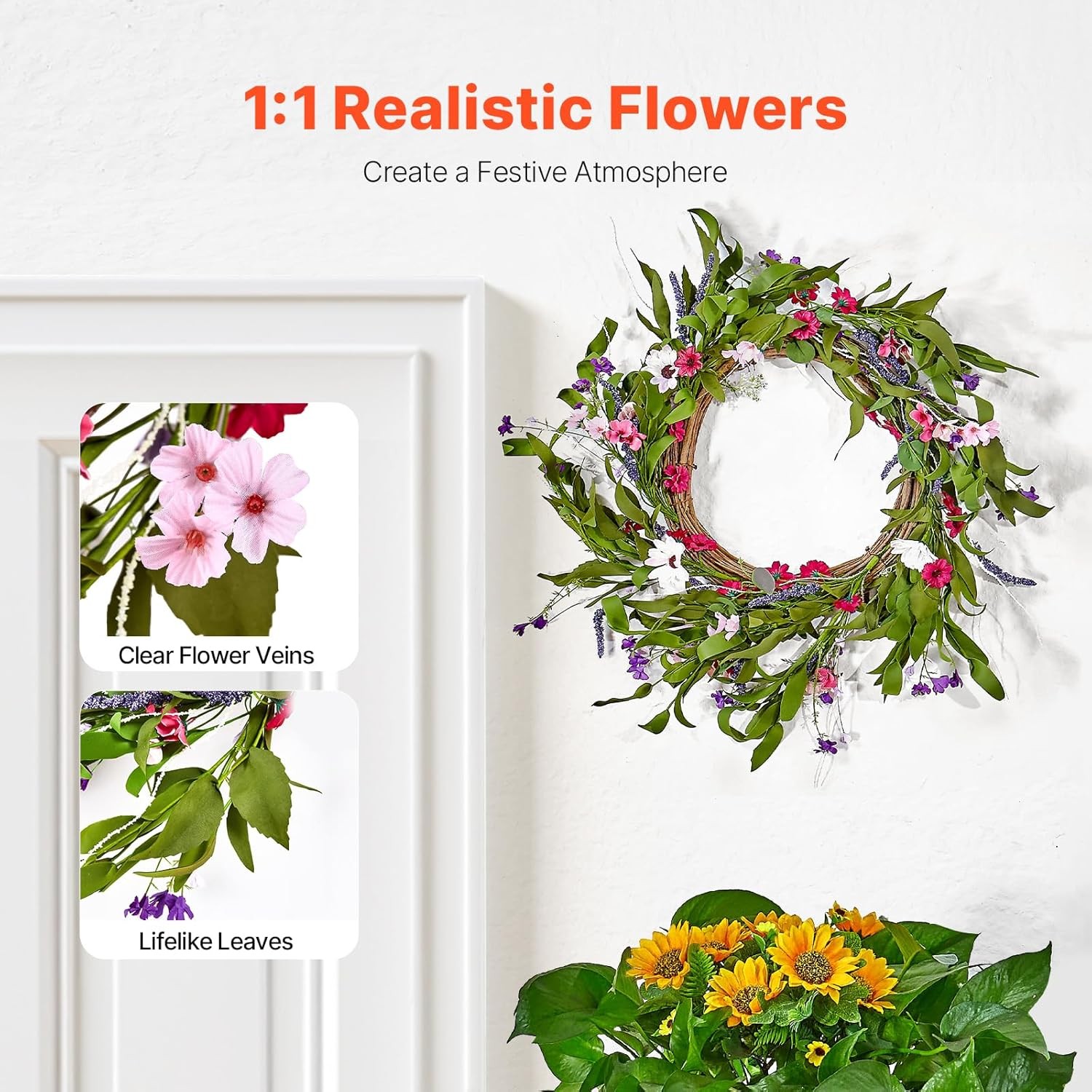 22in Spring Wreath for Front Door Artificial Daisy Lavender Indoor Outdoor Decor