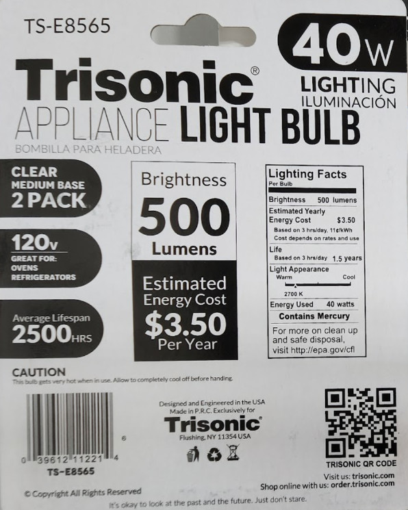 2-Pack 40W Appliance Light Bulb A15 E26 Clear 120V Oven Refrigerator