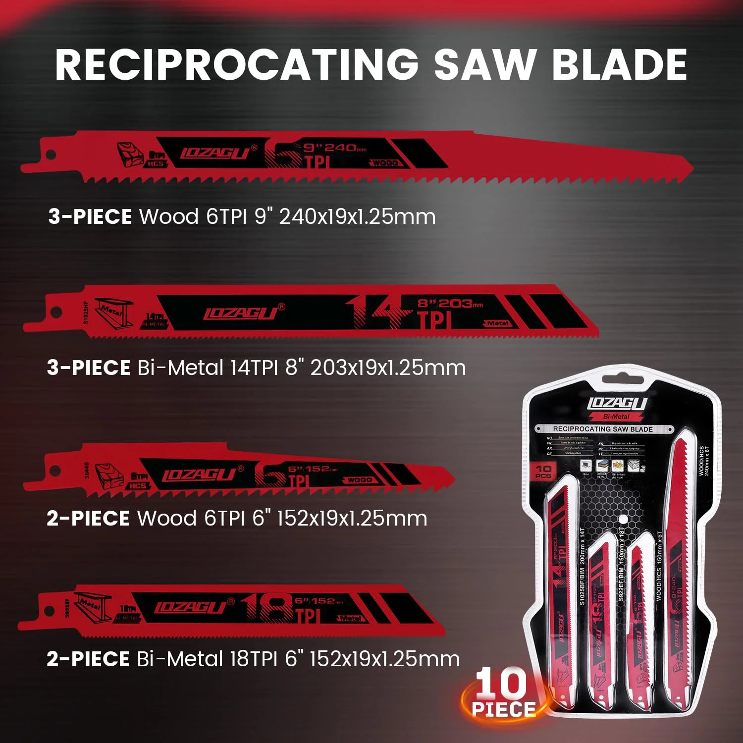 10-Piece Reciprocating Saw Blades Set with Storage Case, 6″ 8″ & 9″ Wood & Metal