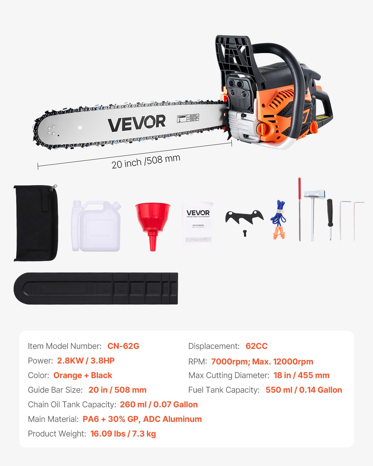 VEVOR 62cc Gas Chainsaw 3.8 HP Gas Powered 20 inch Chainsaw For Wood Cutting
