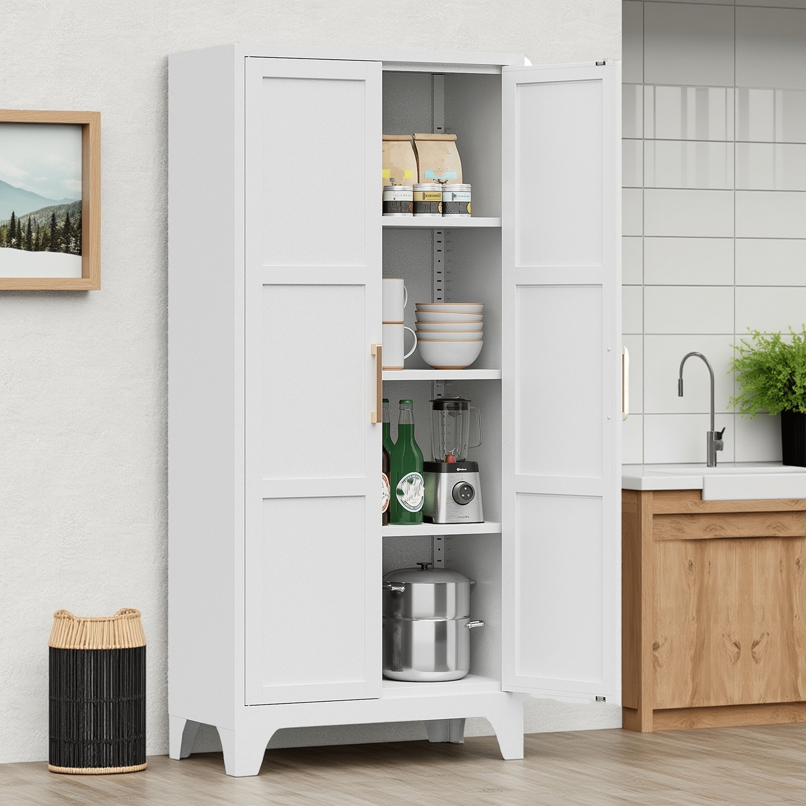 Freestanding Kitchen Pantry Storage Cabinet 3 Adjustable Shelves Metal Cupboards
