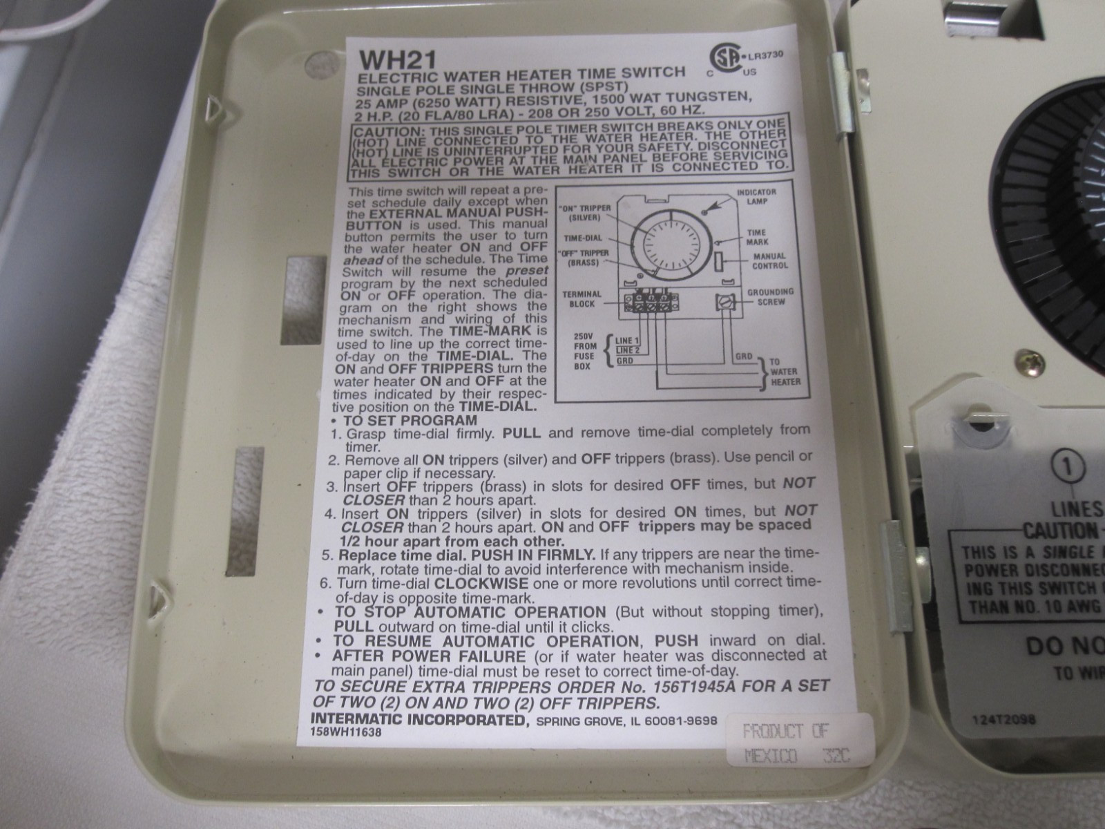 New Intermatic WH21 Water Heater Timer 250 Watts, 25 Amps 250 Volts NOS