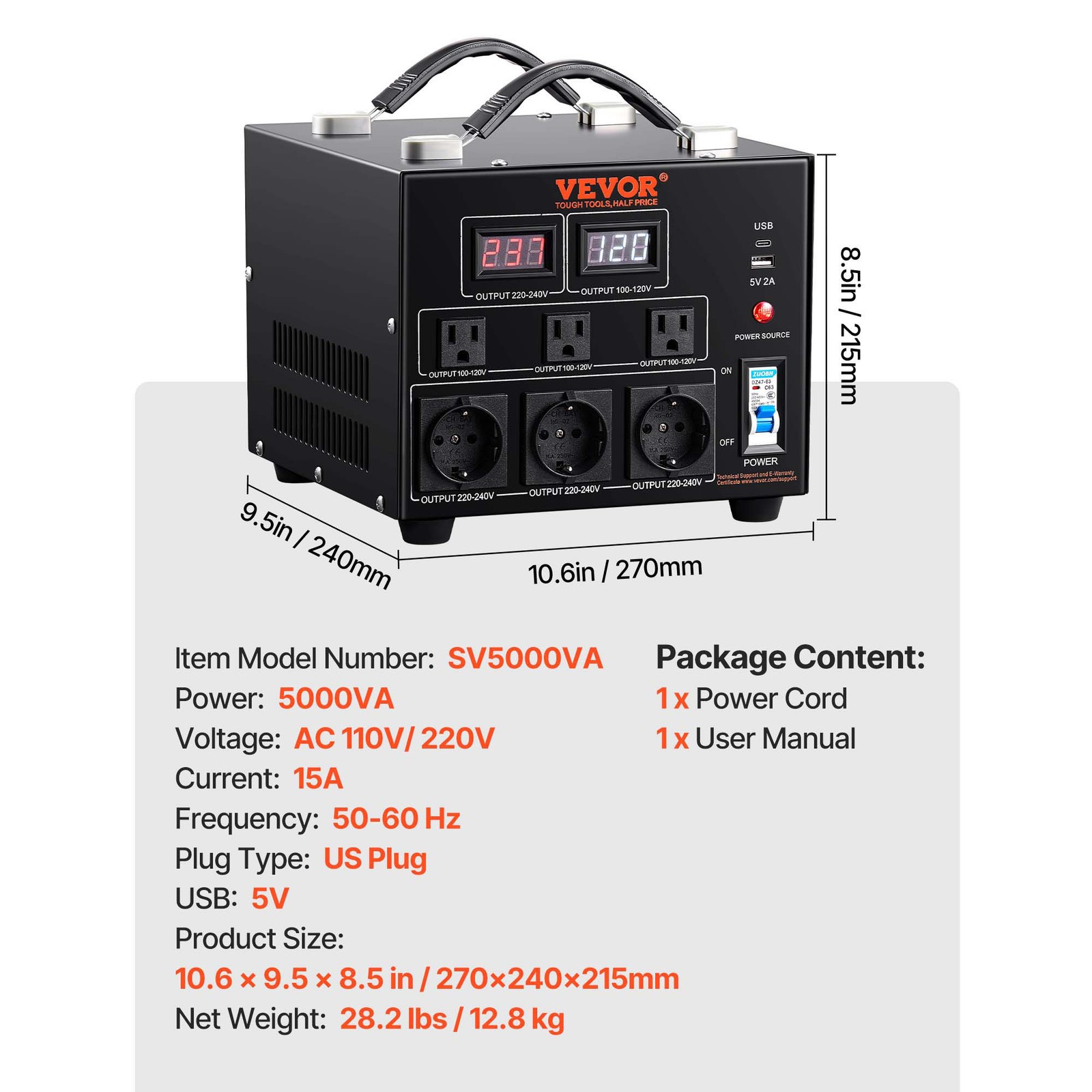 VEVOR 5000W Voltage Converter Transformer Step Up/Down 220V-110V /110V-220V CE