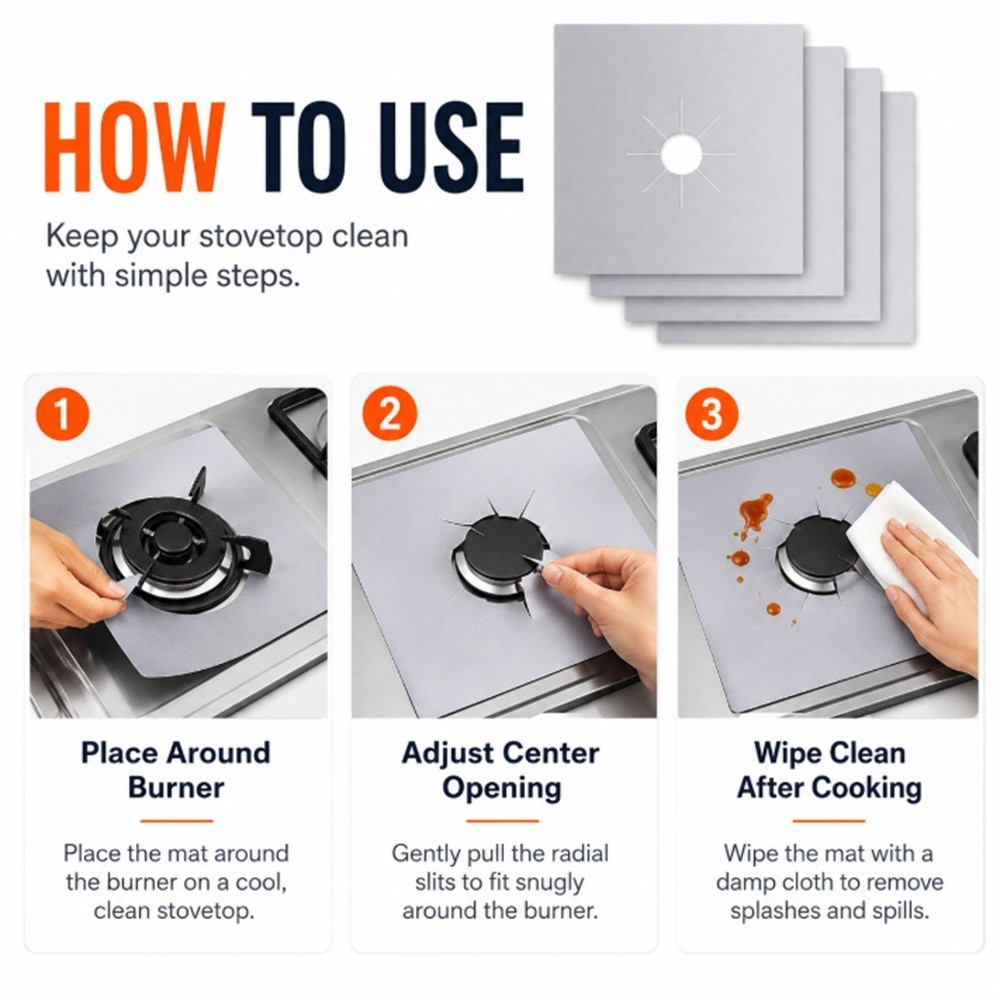 4 Reusable Non-Stick Gas Range Stove Top Burner Protectors – Easy Clean Liners