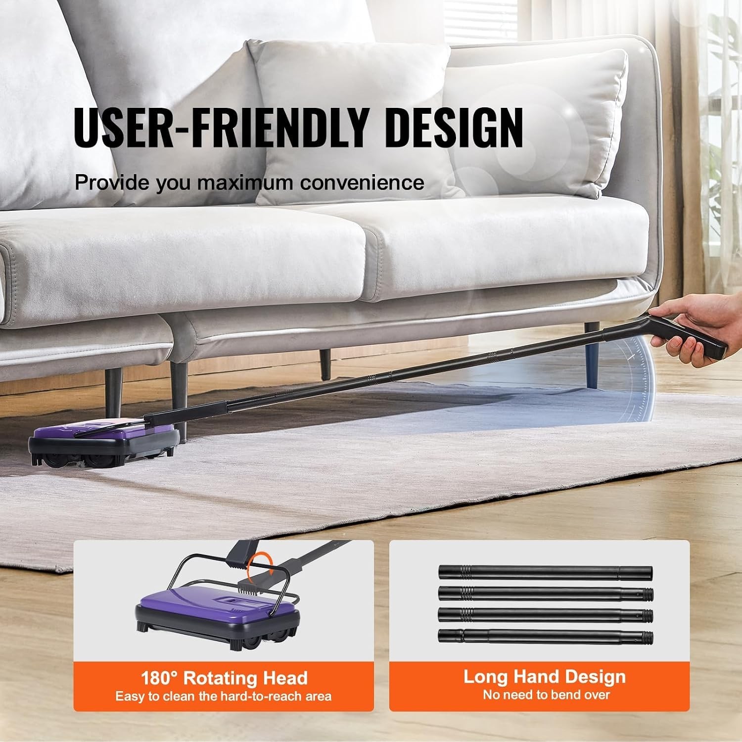Versatile 6.7in Carpet Sweeper – Quiet Operation, Easy Disposal, Purple Design