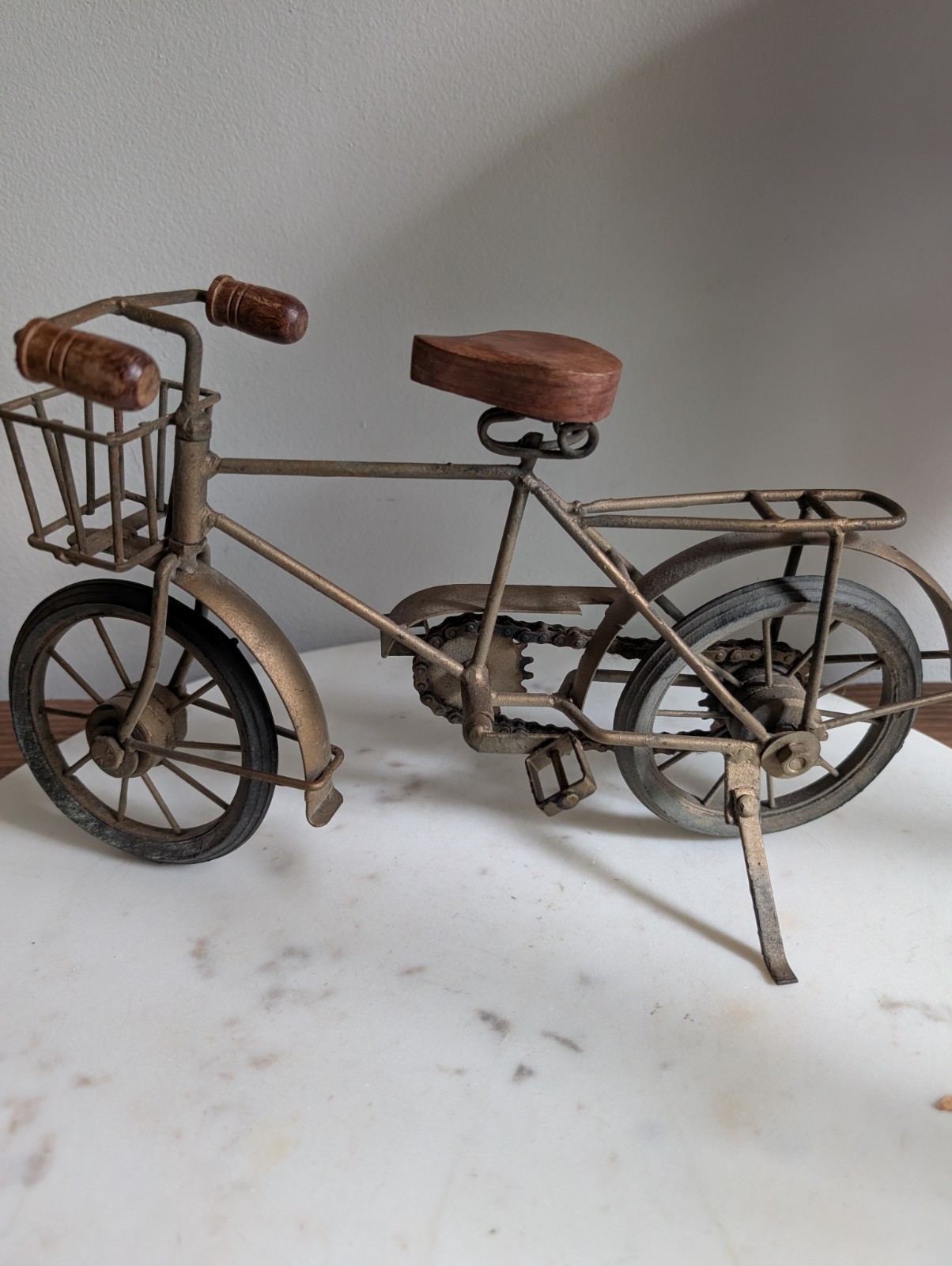 Miniature Metal Bicycle Sculpture Rustic Cottage Decor Wood Seat Basket Display