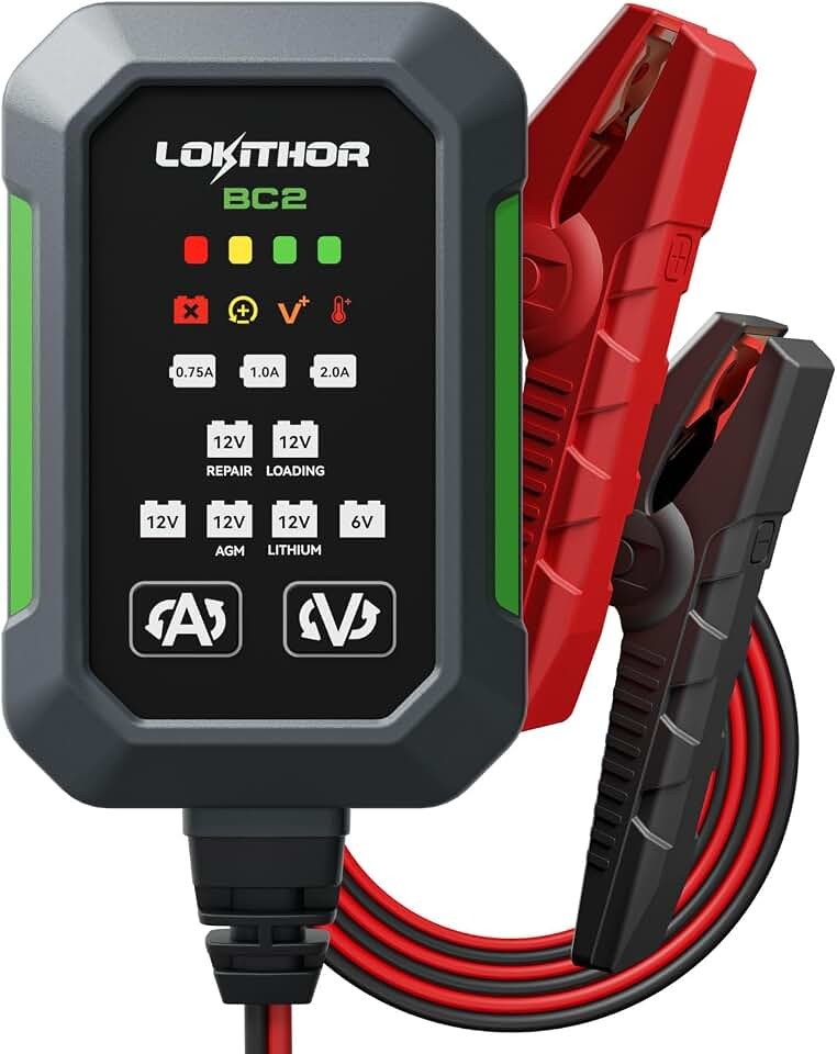 LOKITHOR BC2 6V/12V Car Battery Charger, 2A/1A/750mA Adjustable Currents