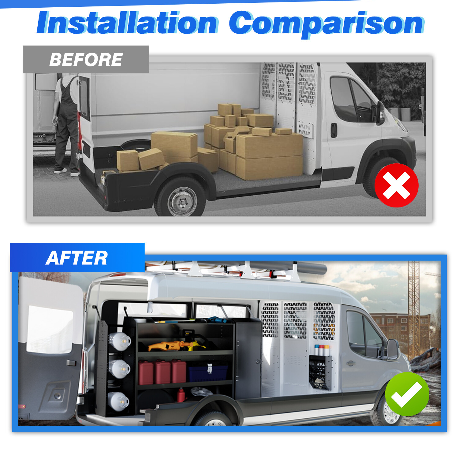 2Cargo Van Shelving Storage for Mid/High Roof Ford Transit 52”W x 60”H x 13”D
