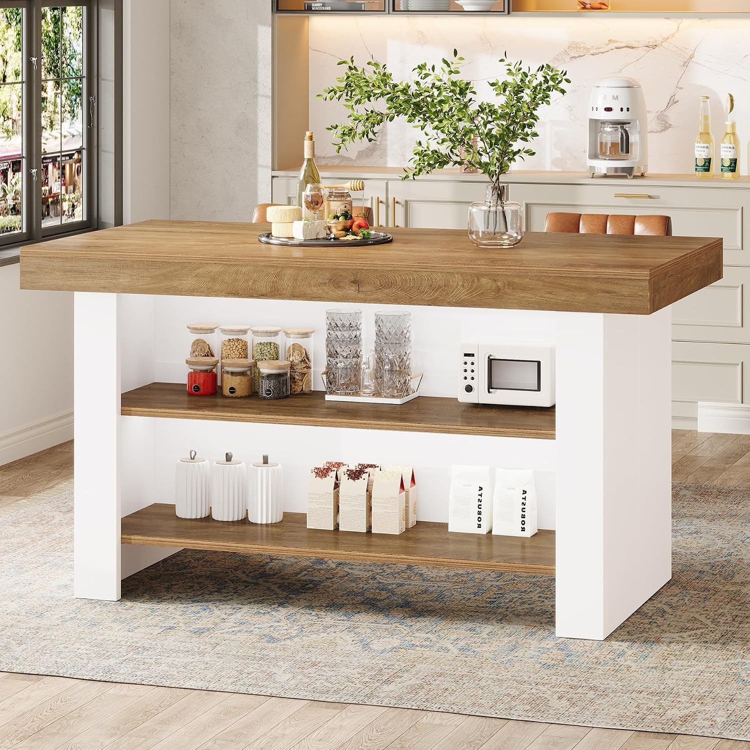 55″ Kitchen Island with 2 Tier Storage,Farmhouse Center Island Table for Kitchen